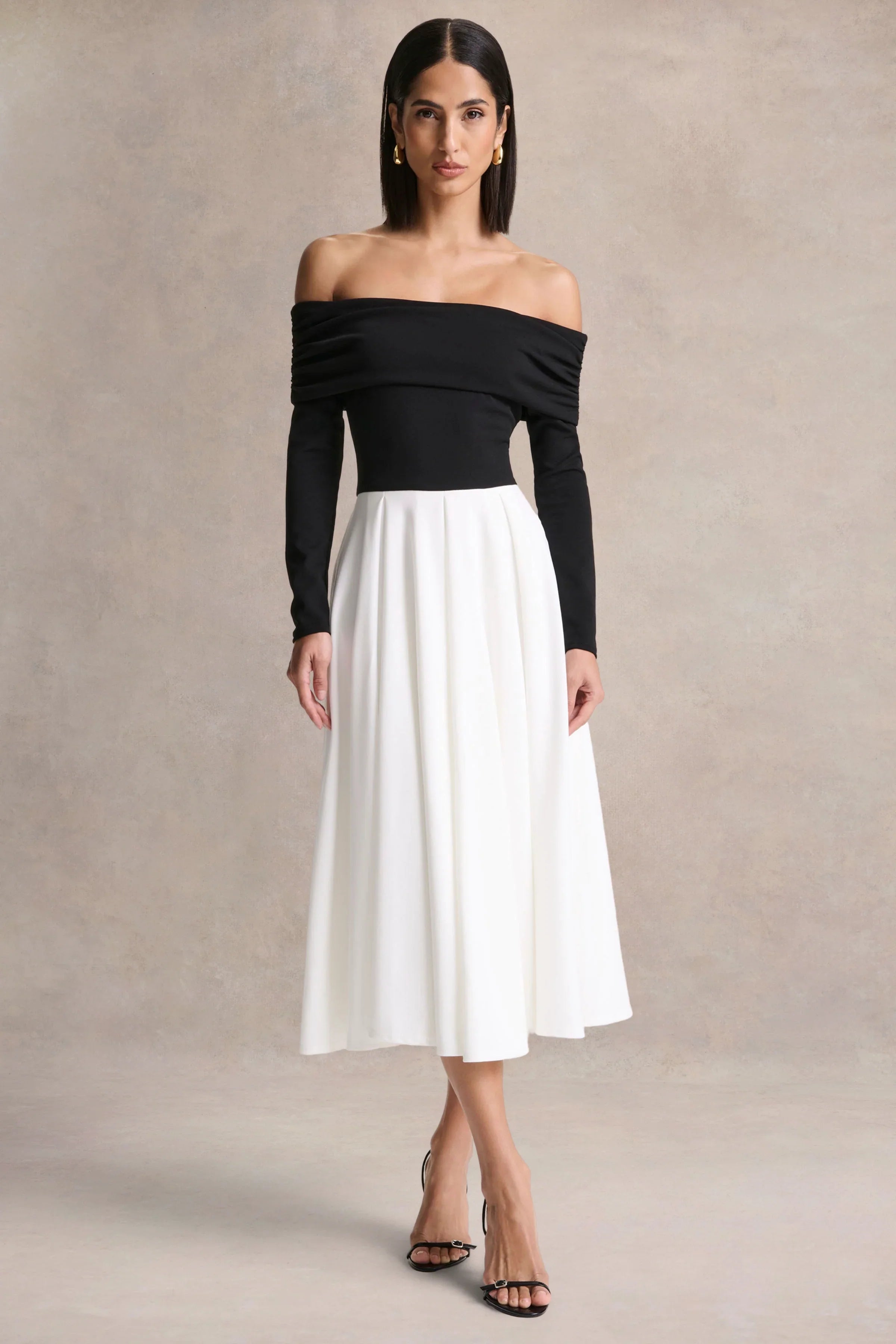 Frederica Black And White Bardot Neck Midi Dress
