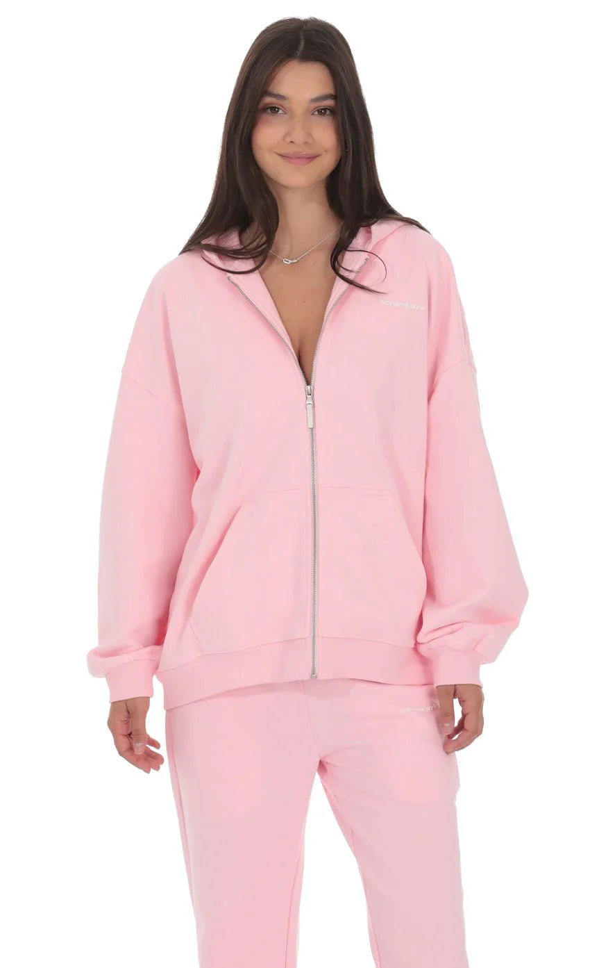 Oversize Zip Up Hoodie in Pink