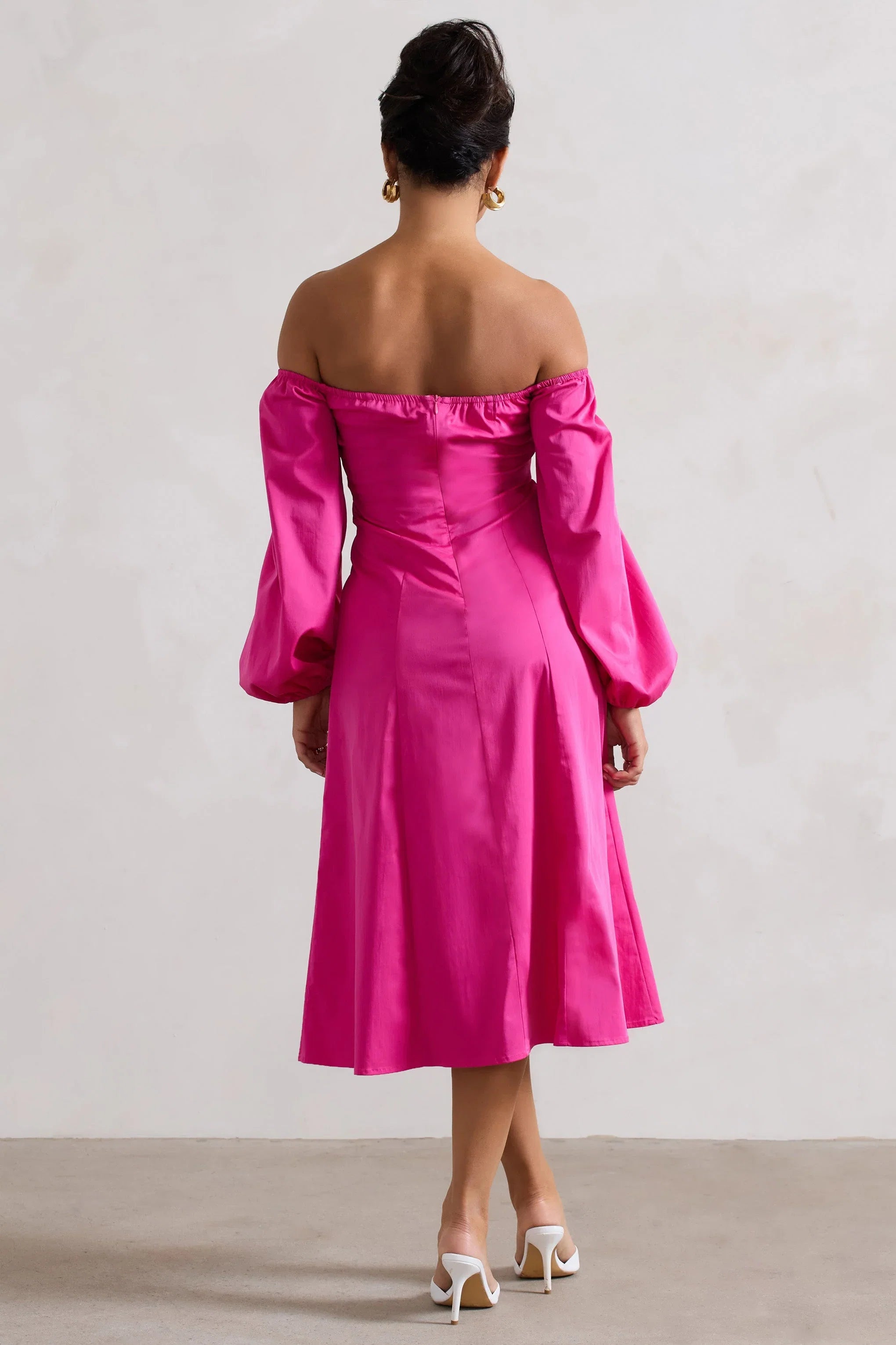 Santino Hot Pink Twisted Bardot Puff Sleeve Midi Dress