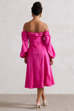 Santino Hot Pink Twisted Bardot Puff Sleeve Midi Dress