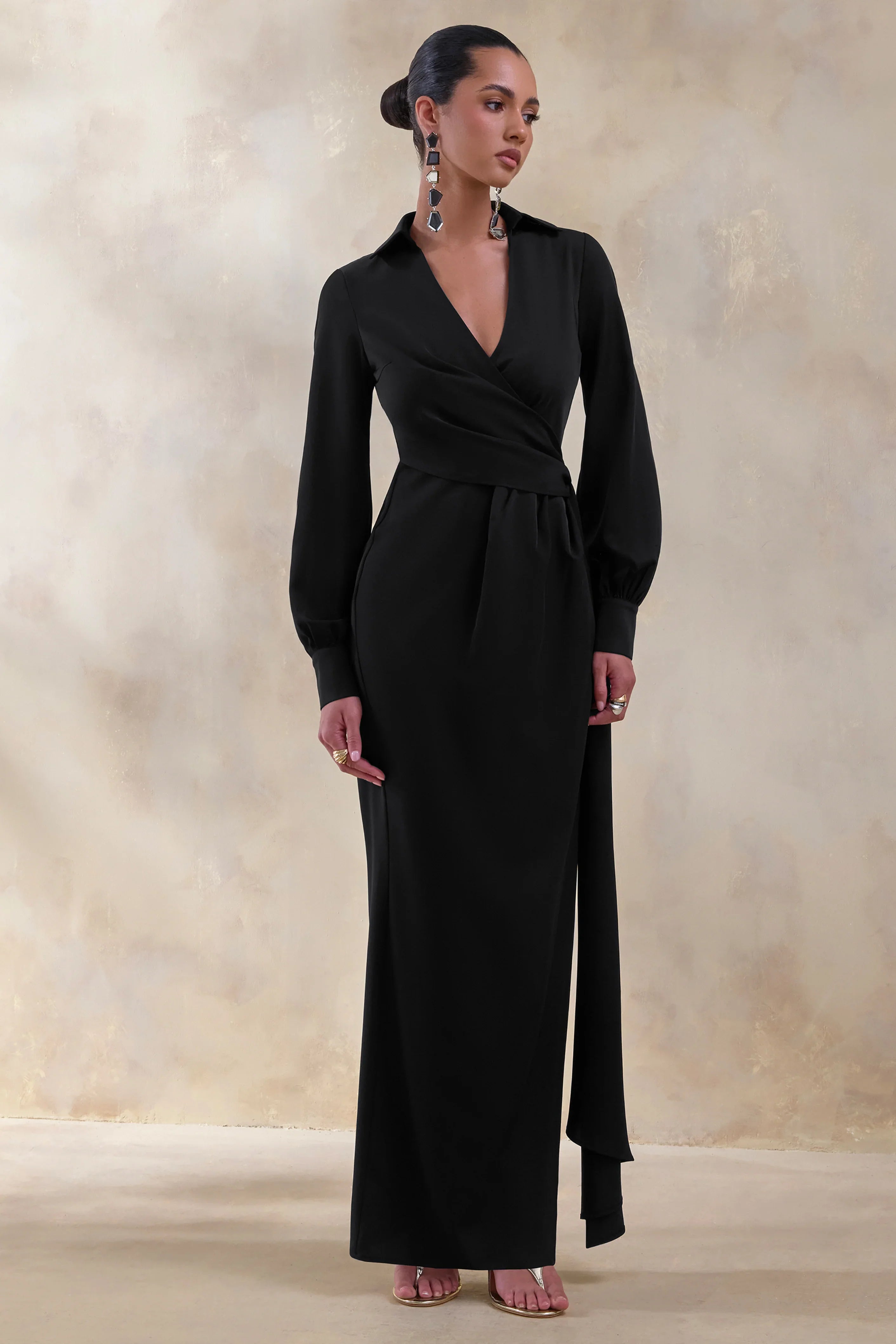 Vita Black Plunge Neck Wrap Maxi Dress