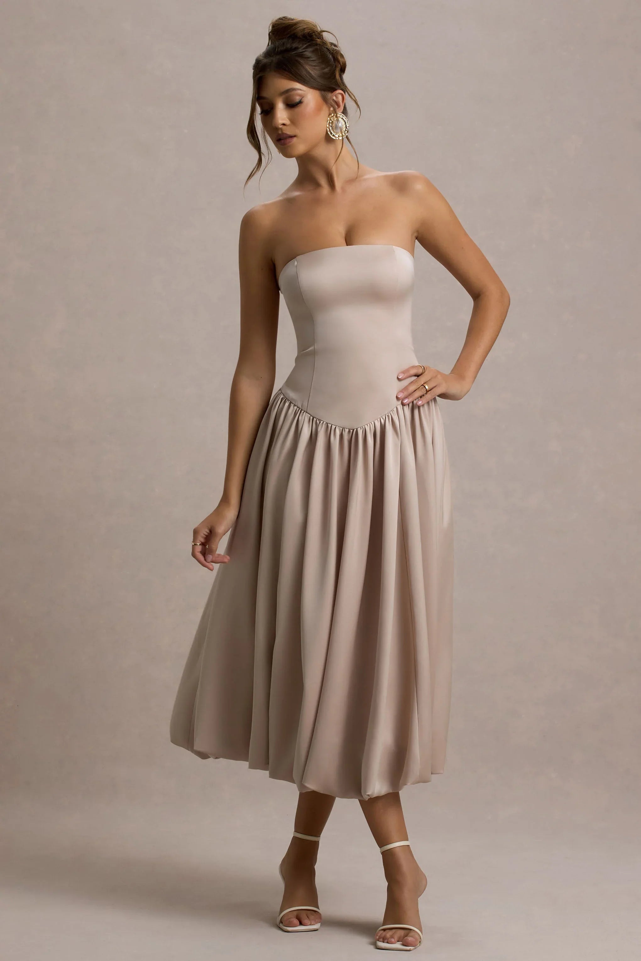 Keyton Champagne Satin Bandeau Midi Dress