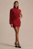 Zelda Red High Neck Mini Dress With One Long Sleeve And Twisted Detail