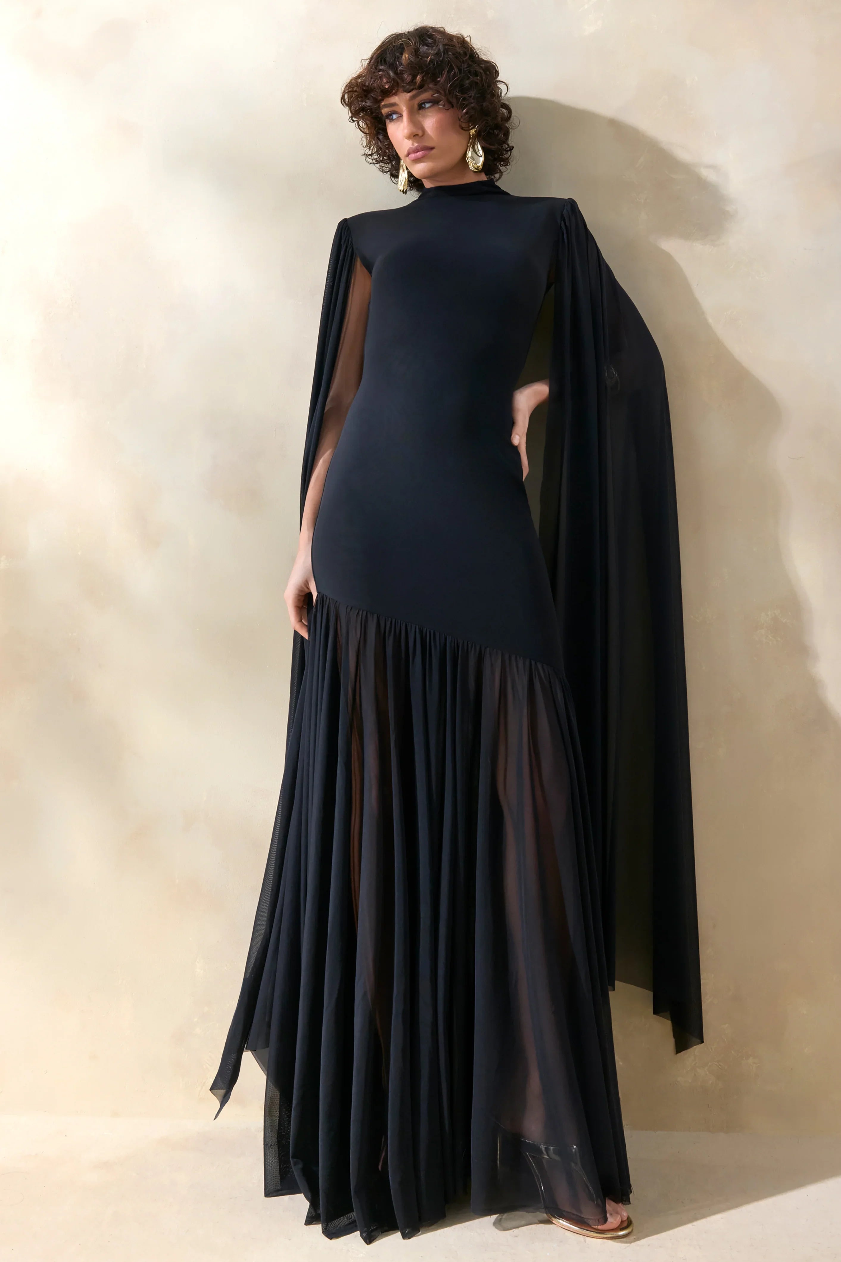 Chantelle Black High Neck Maxi Dress With Drop Waist And Cape Sleeves