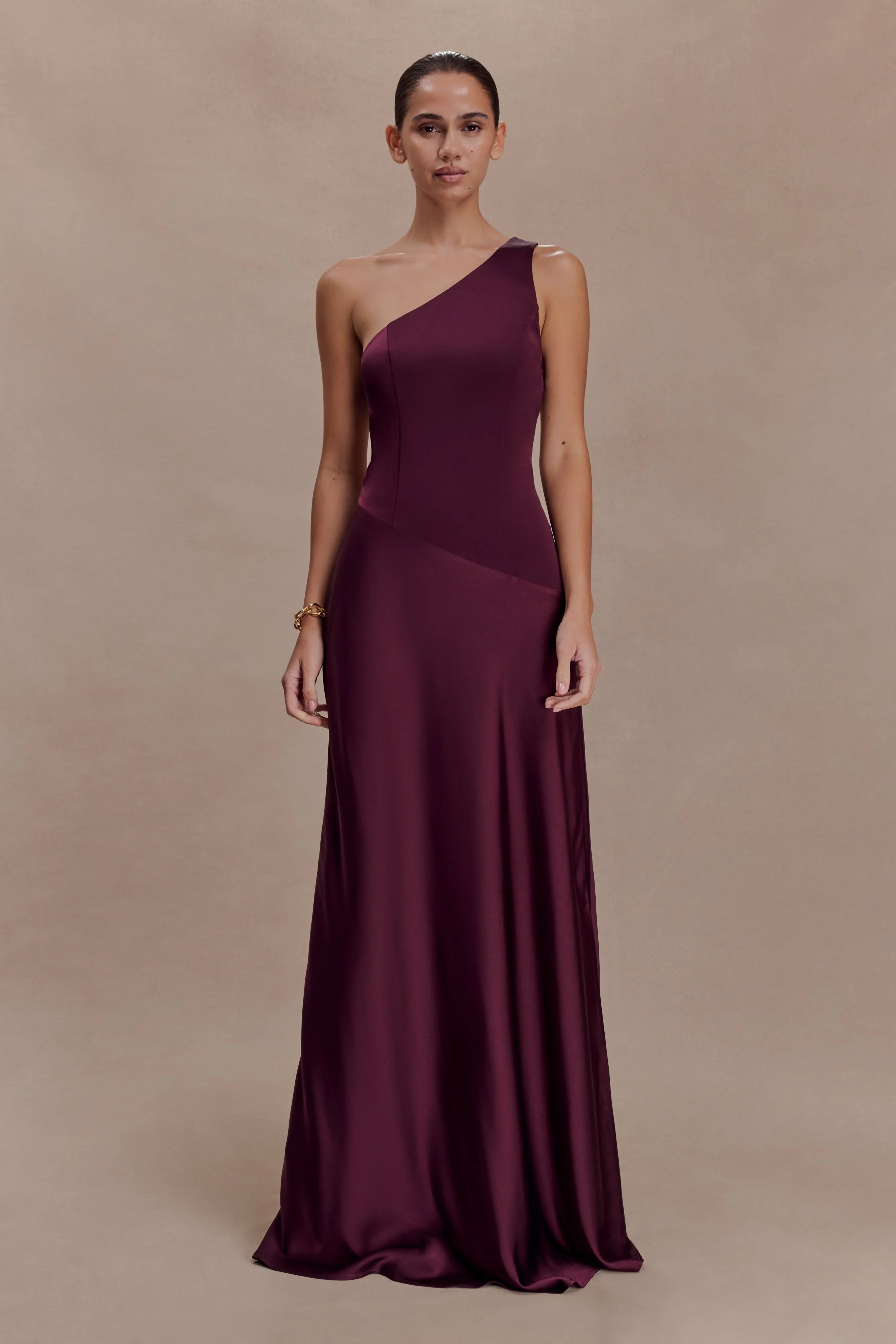 Lyla Asymmetrical Satin Maxi Dress Plum