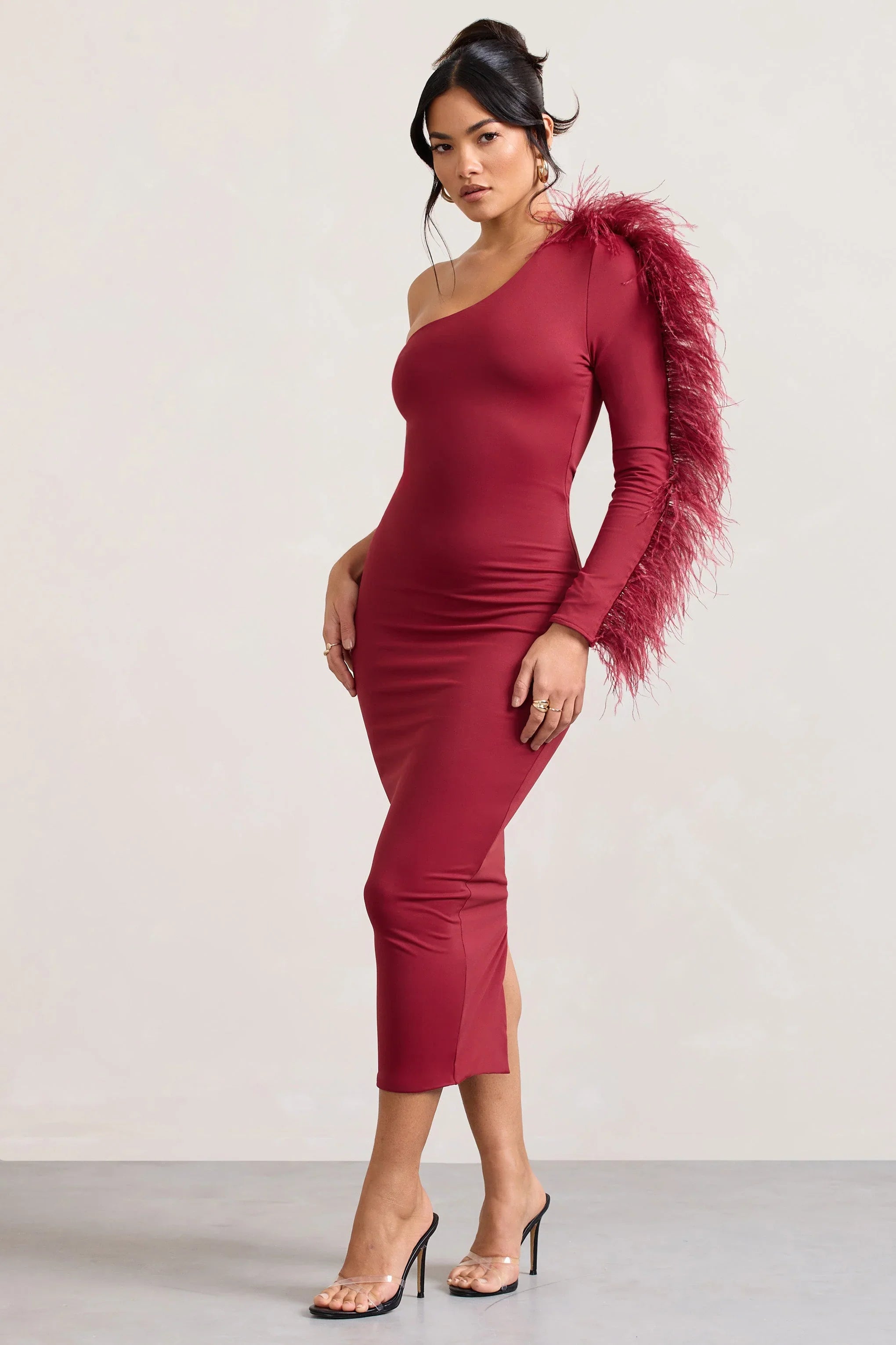 Wild One Burgundy One Shoulder Bodycon Midi Dress With Feather Trimmed Sleeve