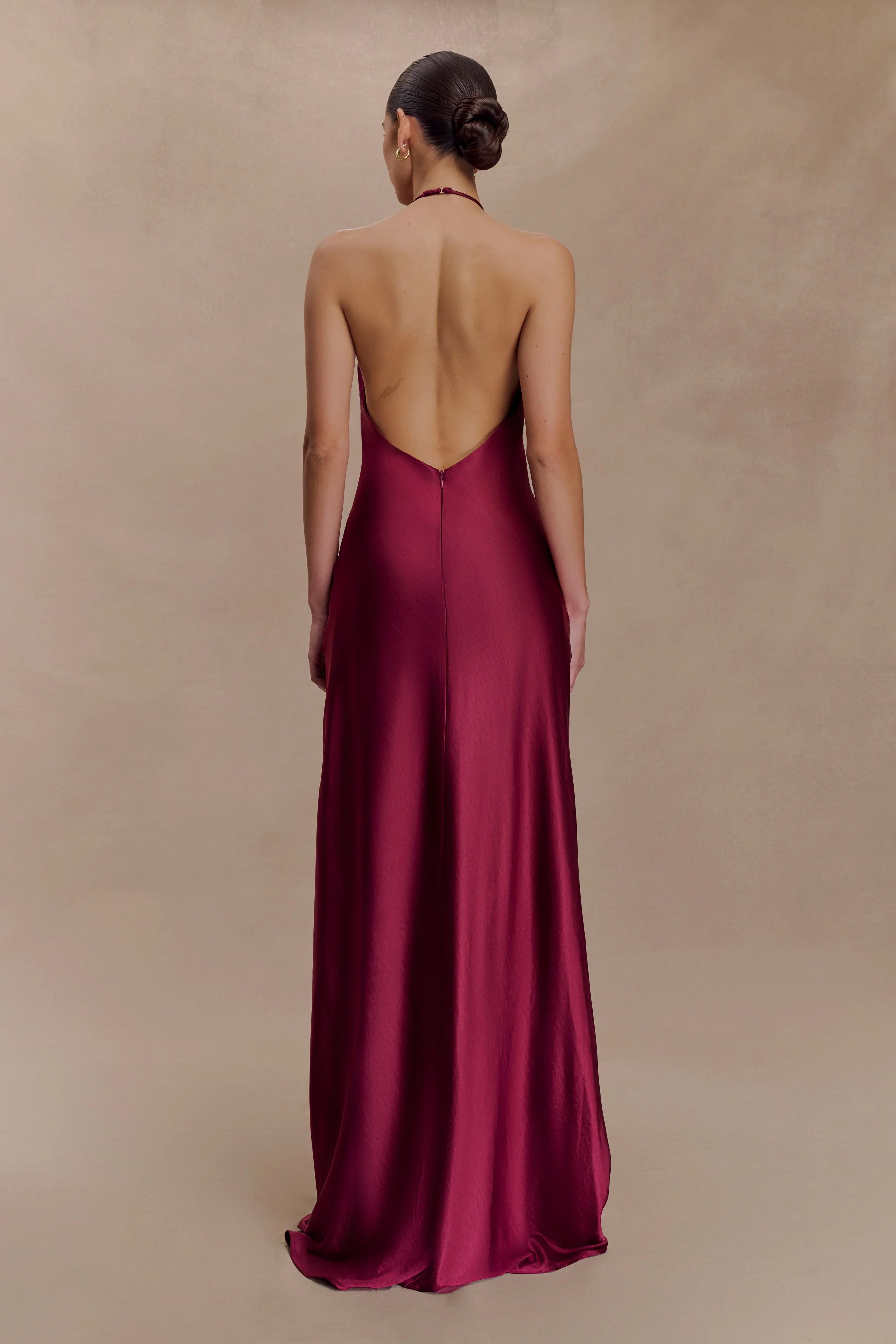 Bella Satin Halter Maxi Dress Mahogany