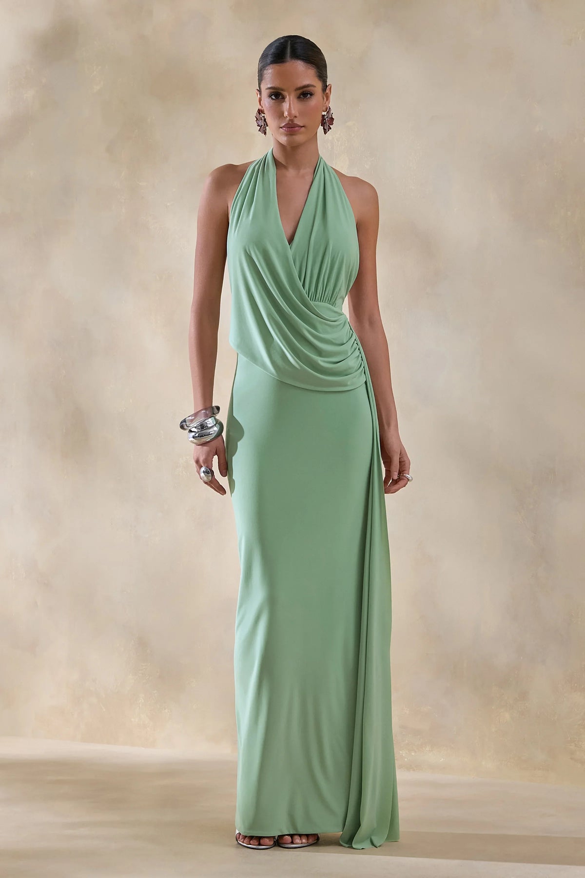 Rosina Sage Halter Neck Draped Maxi Dress With Sash