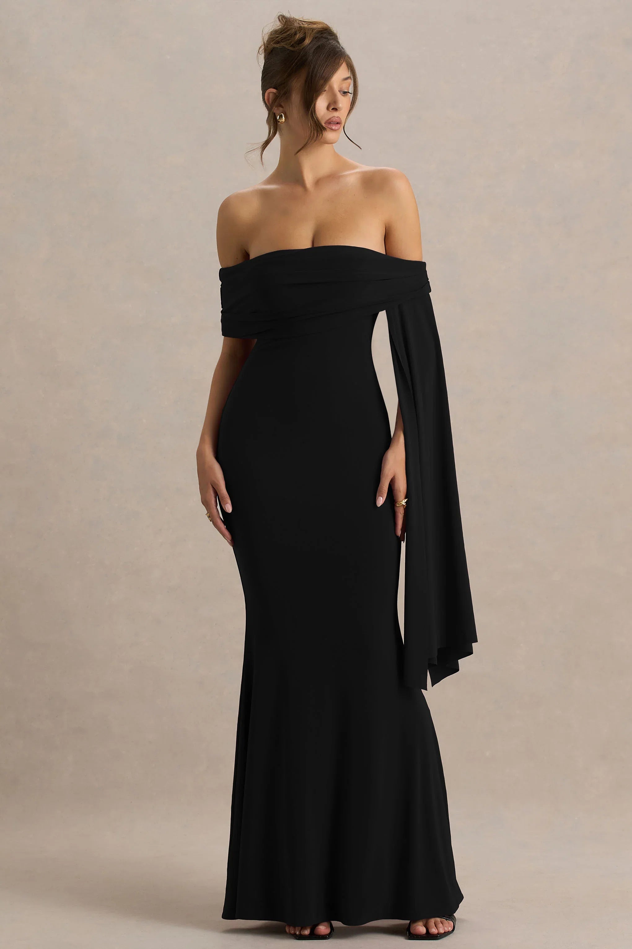 Saffina Black Bardot Neck Maxi Dress With Sash Detail