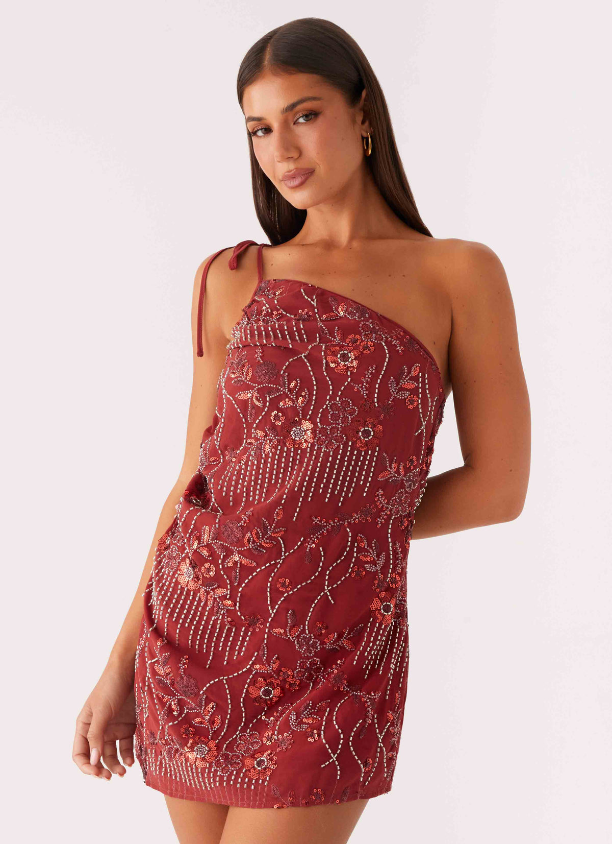 Temptational Beaded One Shoulder Mini Dress Rust