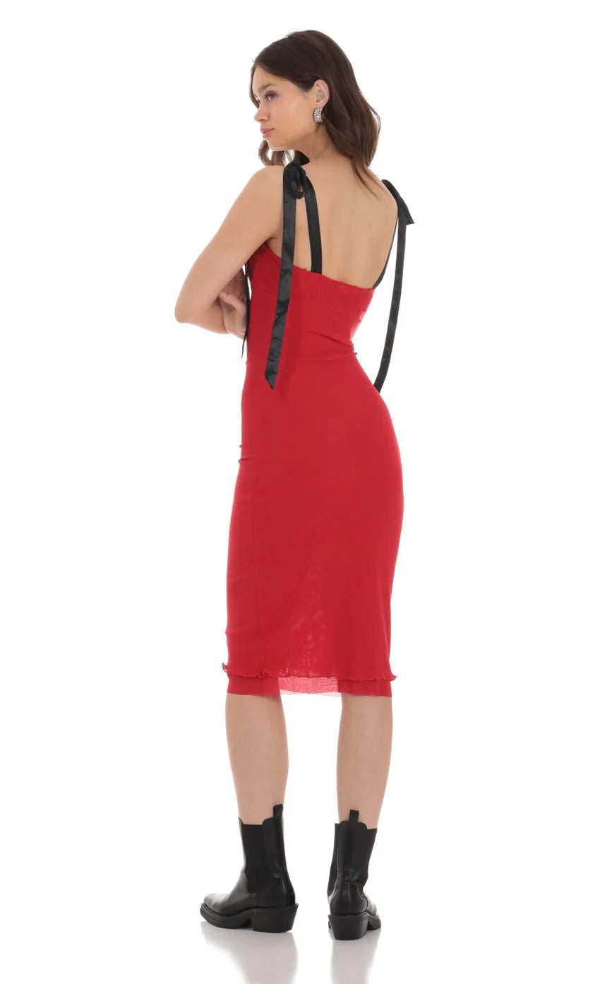 Mesh Black Shoulder Ties Midi Dress in Red