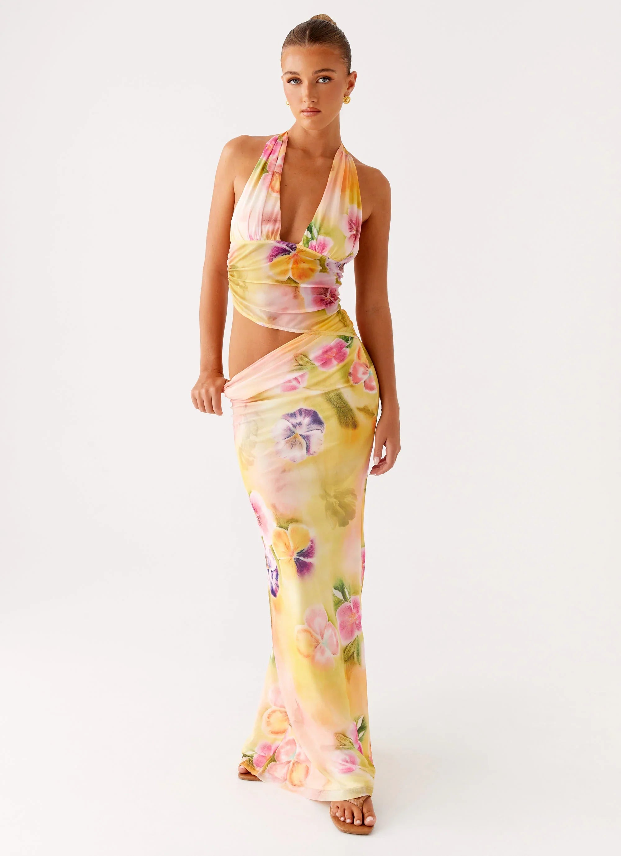 Main Act Halter Maxi Dress Sunburst Floral