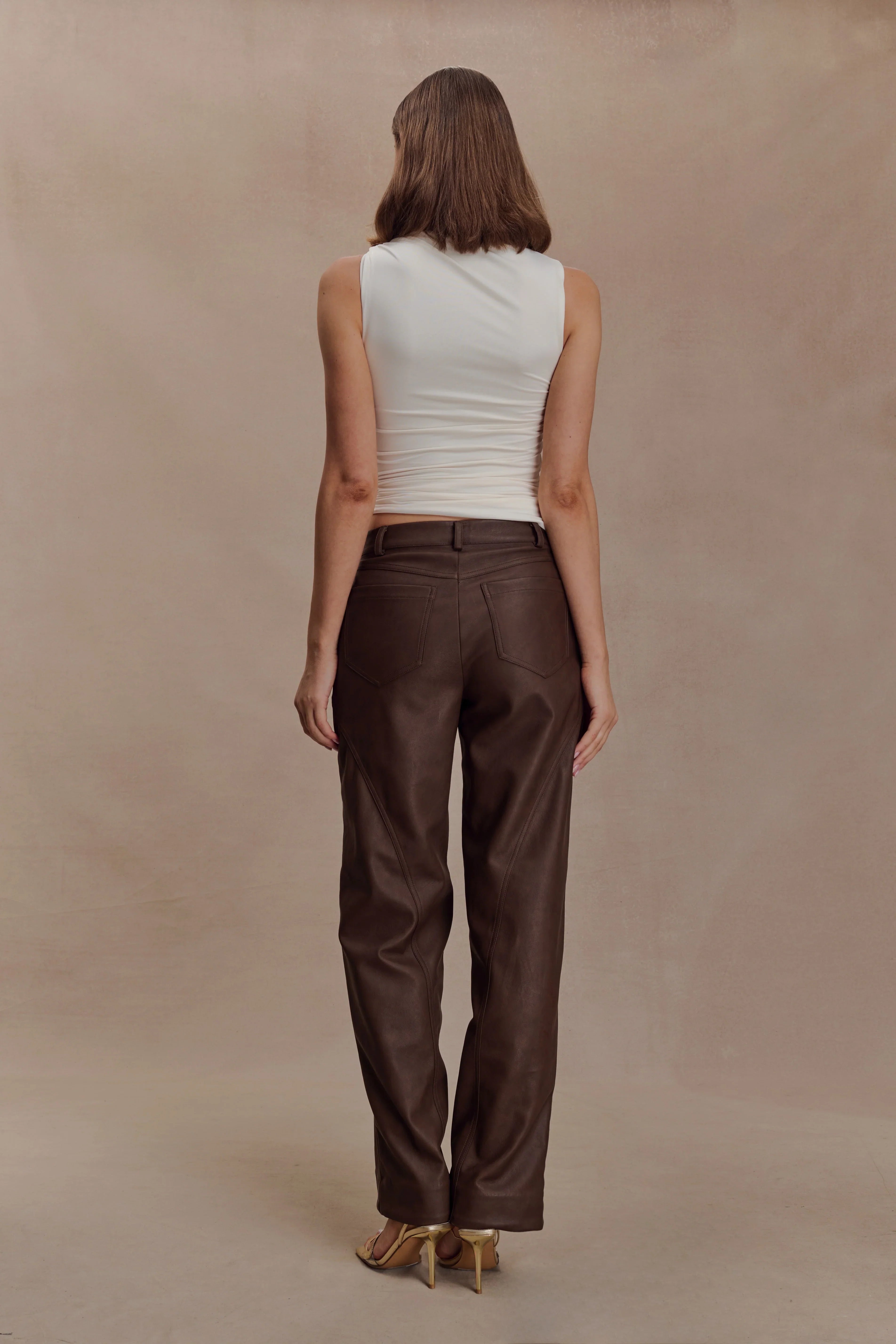 Theo Faux Leather Mid Rise Pants Dark Chocolate