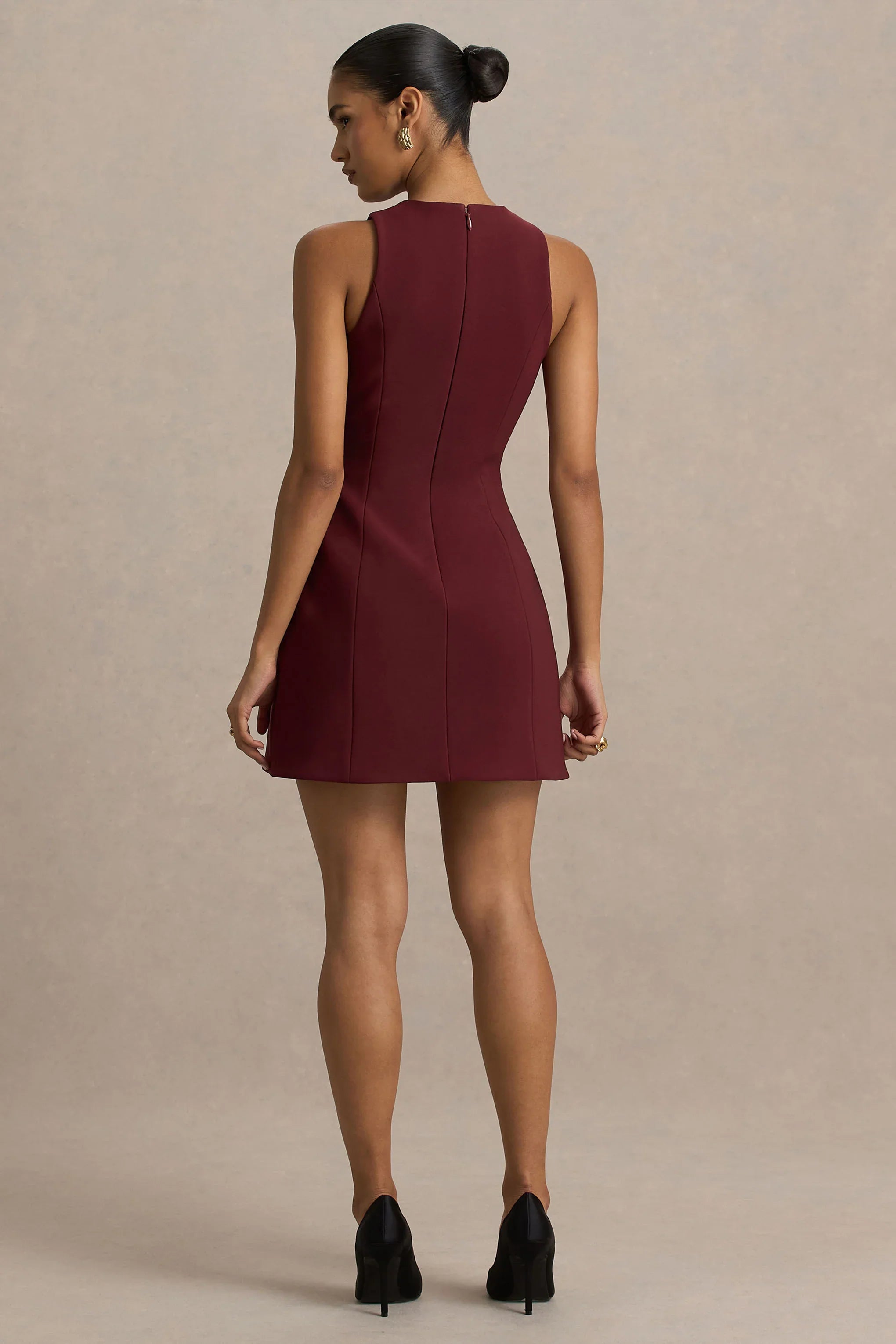Belony Dark Plum Crew Neck Mini Dress With Button Detailing