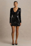 Ritz Black Sequin Plunge Neck Mini Dress With Long Sleeves