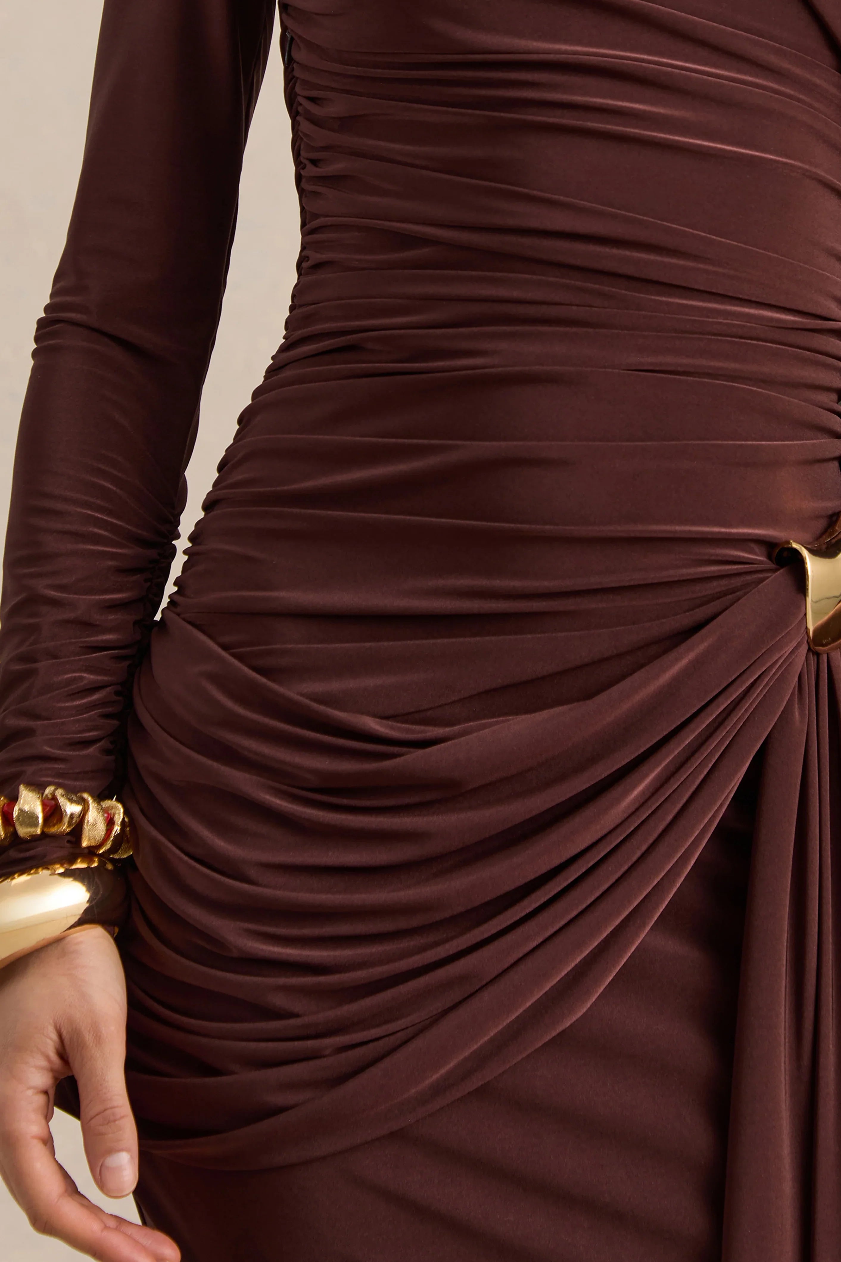 Orintha Brown Slashed Neck Maxi Dress With Cape And Gold Detail