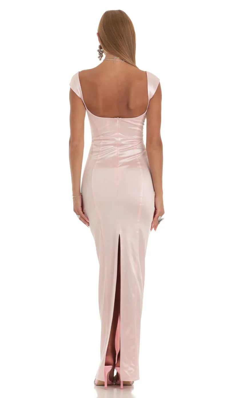 Satin Maxi Dress in Pink