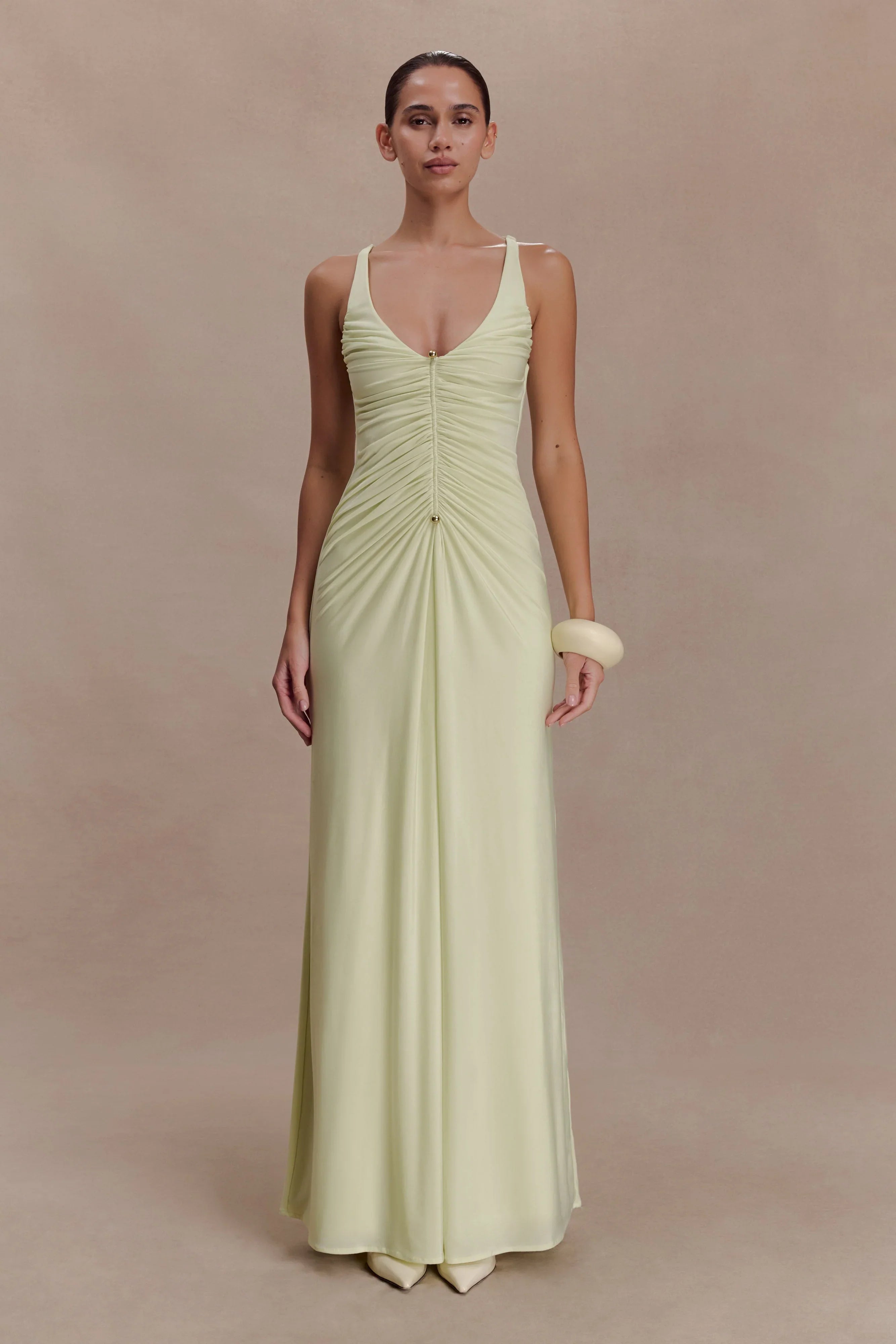 Perrie Slinky Ruched Maxi Dress Pastel Lime