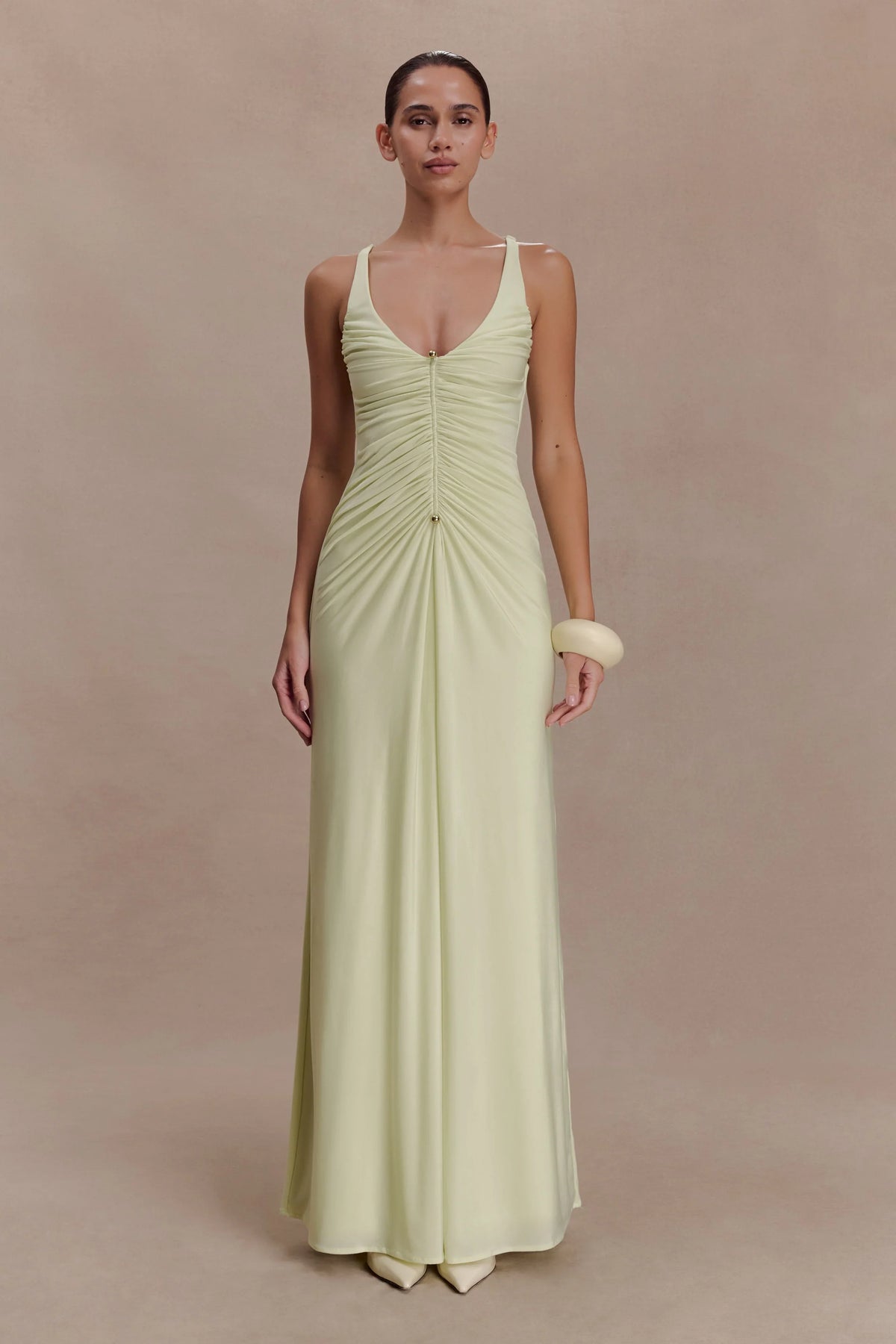 Perrie Slinky Ruched Maxi Dress Pastel Lime