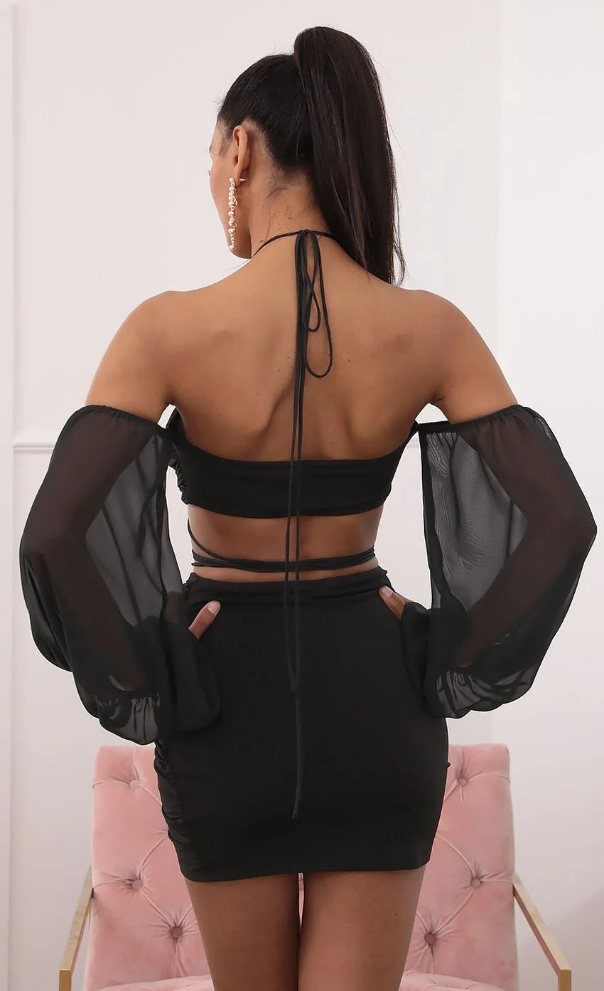Off the Shoulder Two Piece Long Sleeve Set in Black