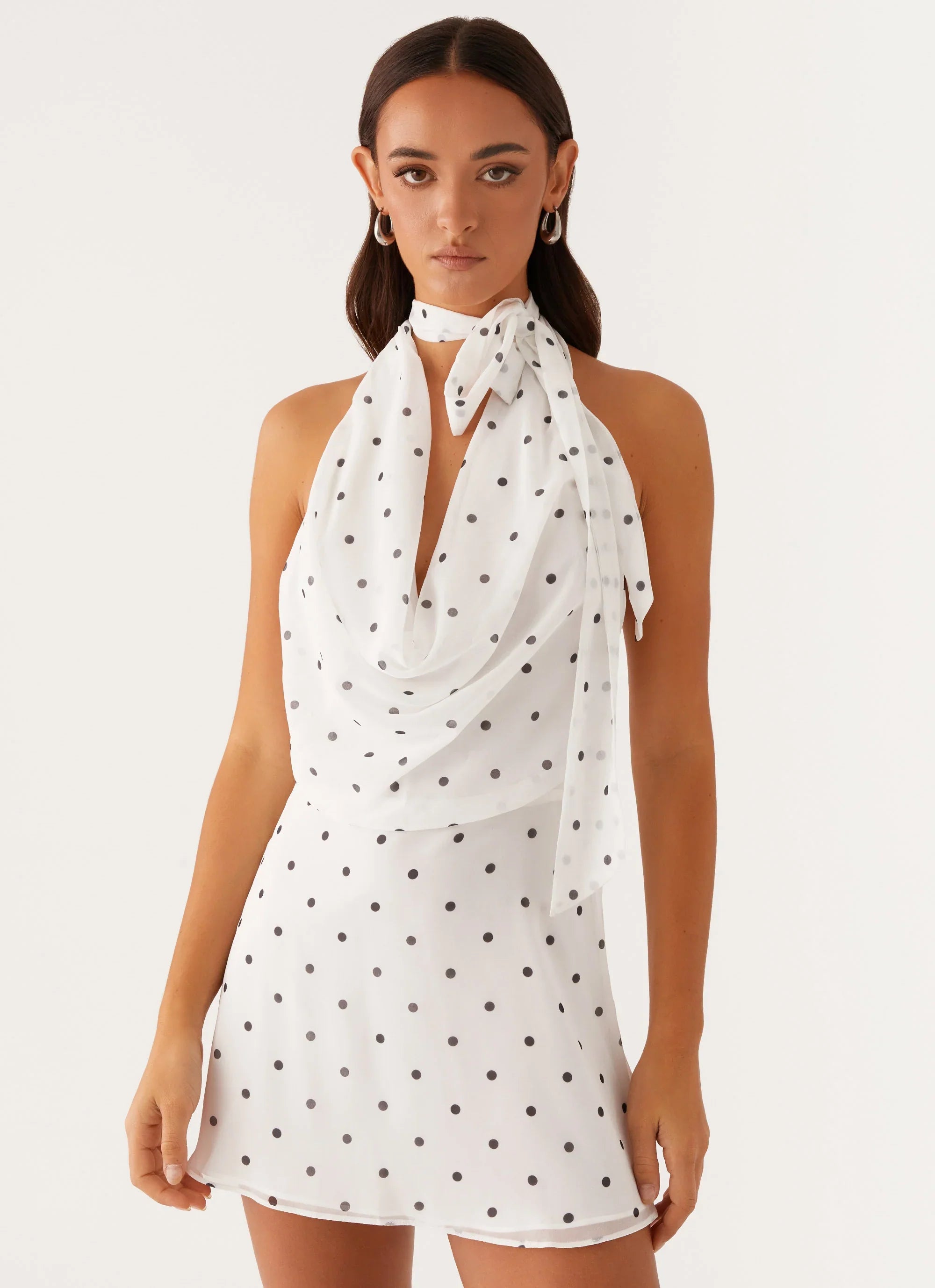 Avalia Backless Scarf Mini Dress White Polka Dot