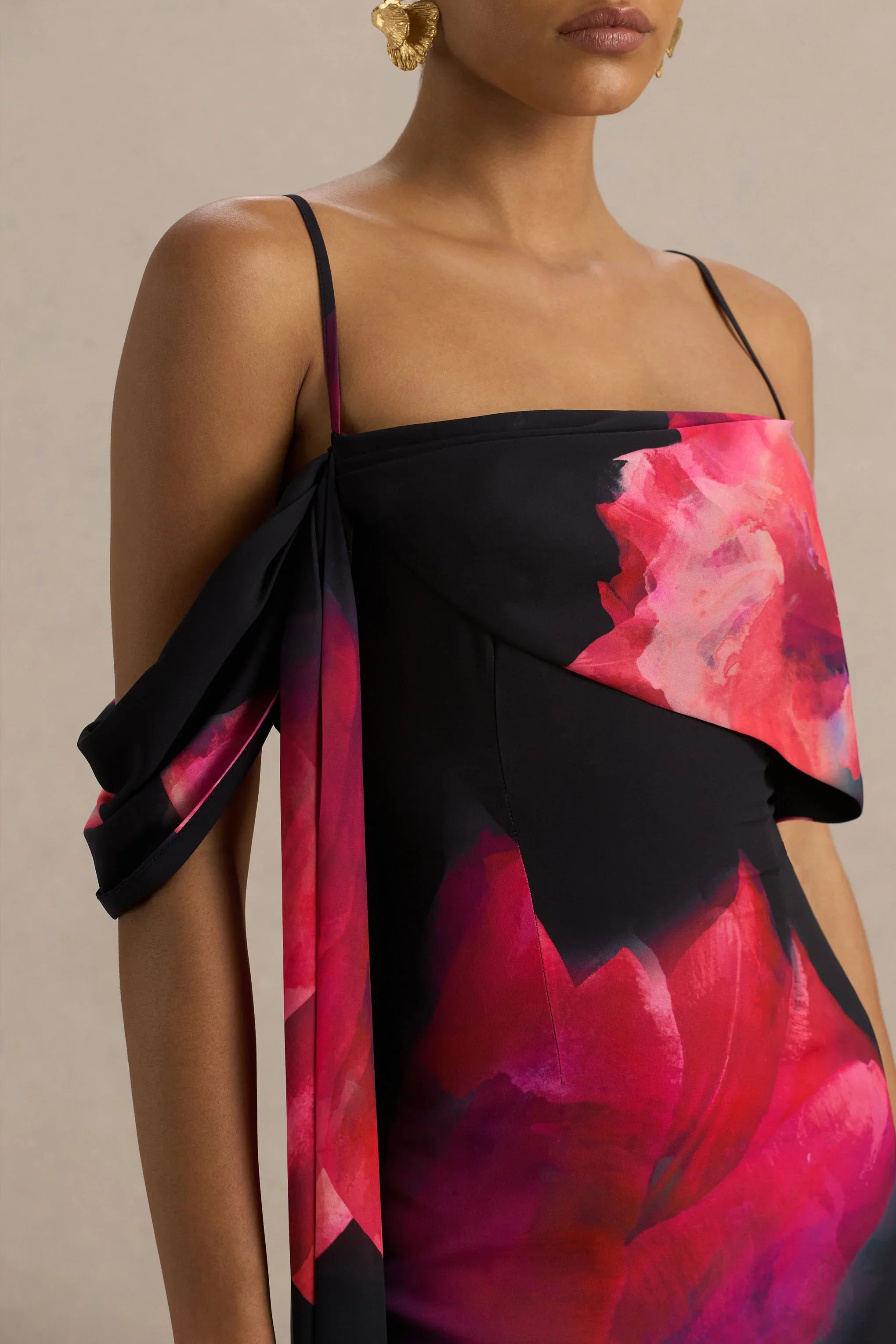 Leonara Black And Pink Floral Print Cowl Neck Maxi Dress With One Sleeve