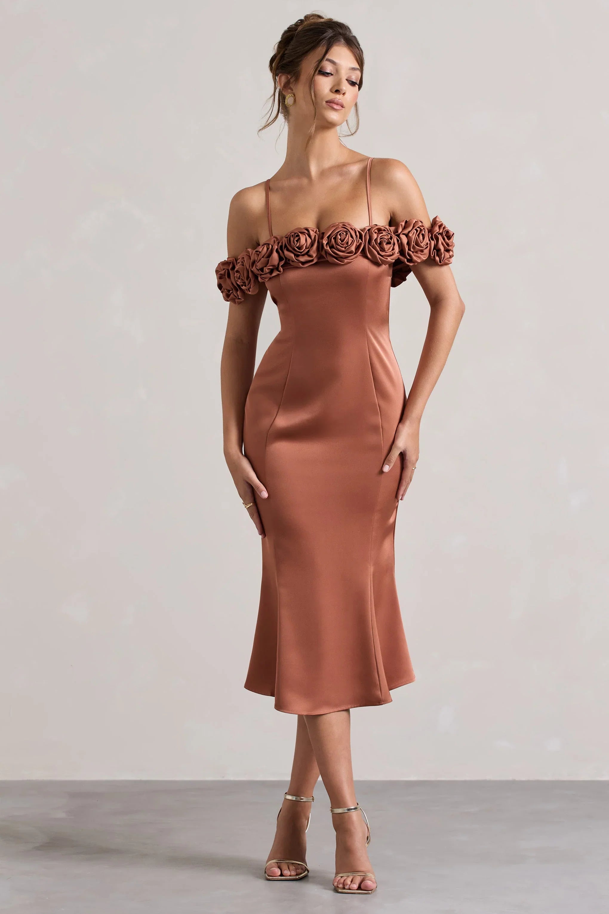 Petunia Rust Satin Floral Bardot Midi Dress