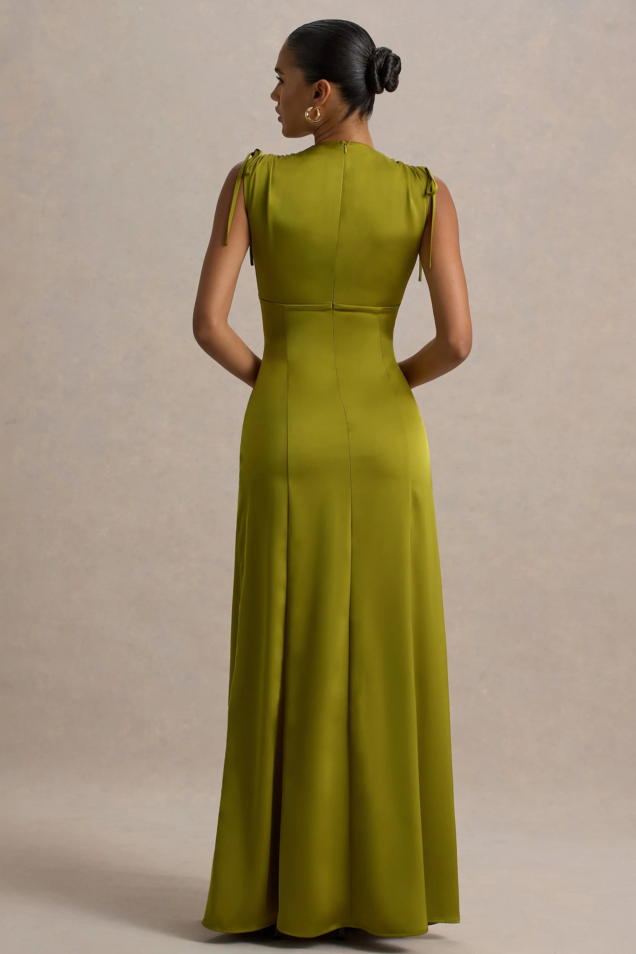 Ysabella Olive Satin Plunge Neck Split Maxi Dress