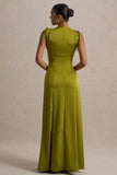 Ysabella Olive Satin Plunge Neck Split Maxi Dress