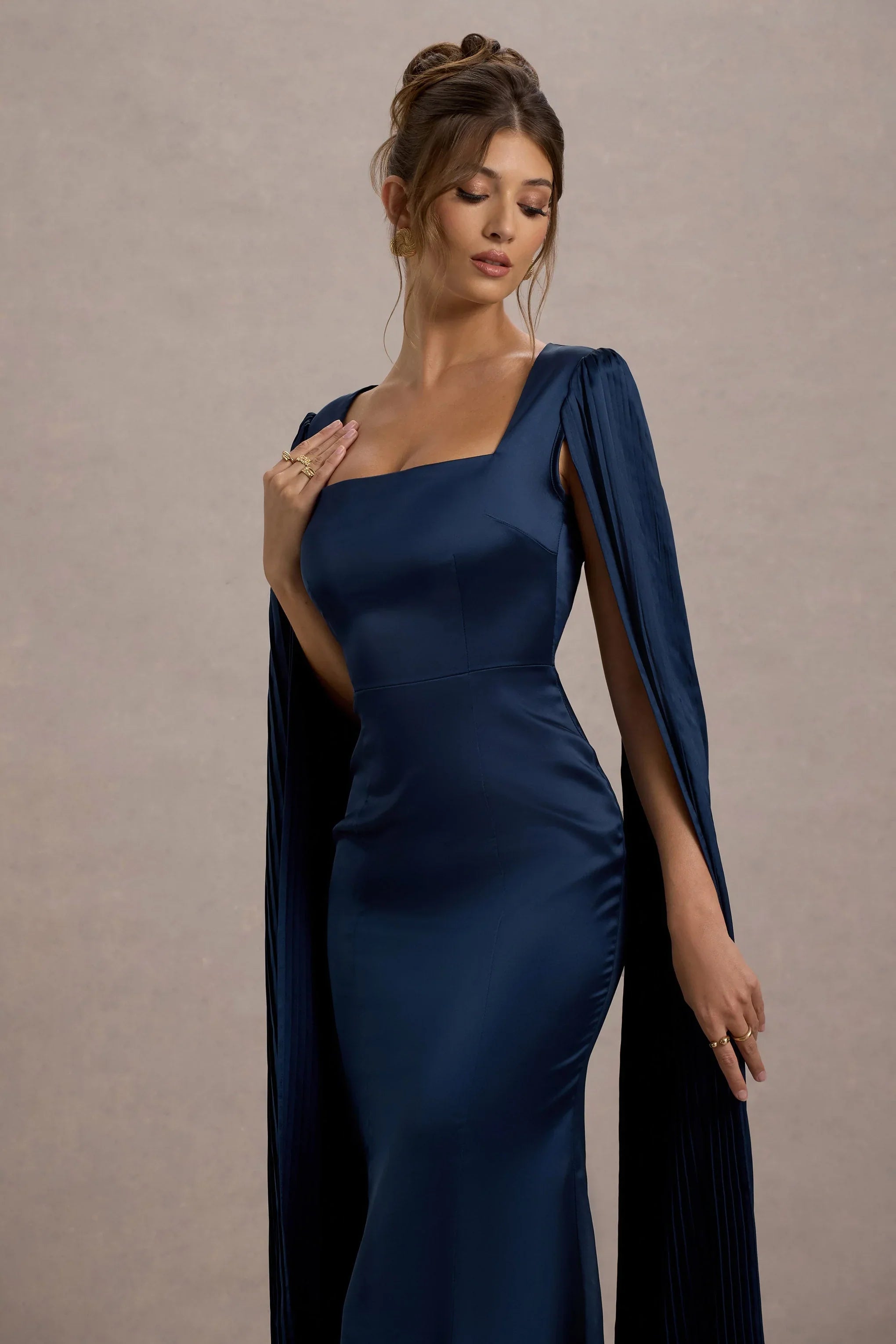 Nalda Navy Square Neck Midi Dress With Cape Sleeves