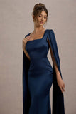 Nalda Navy Square Neck Midi Dress With Cape Sleeves