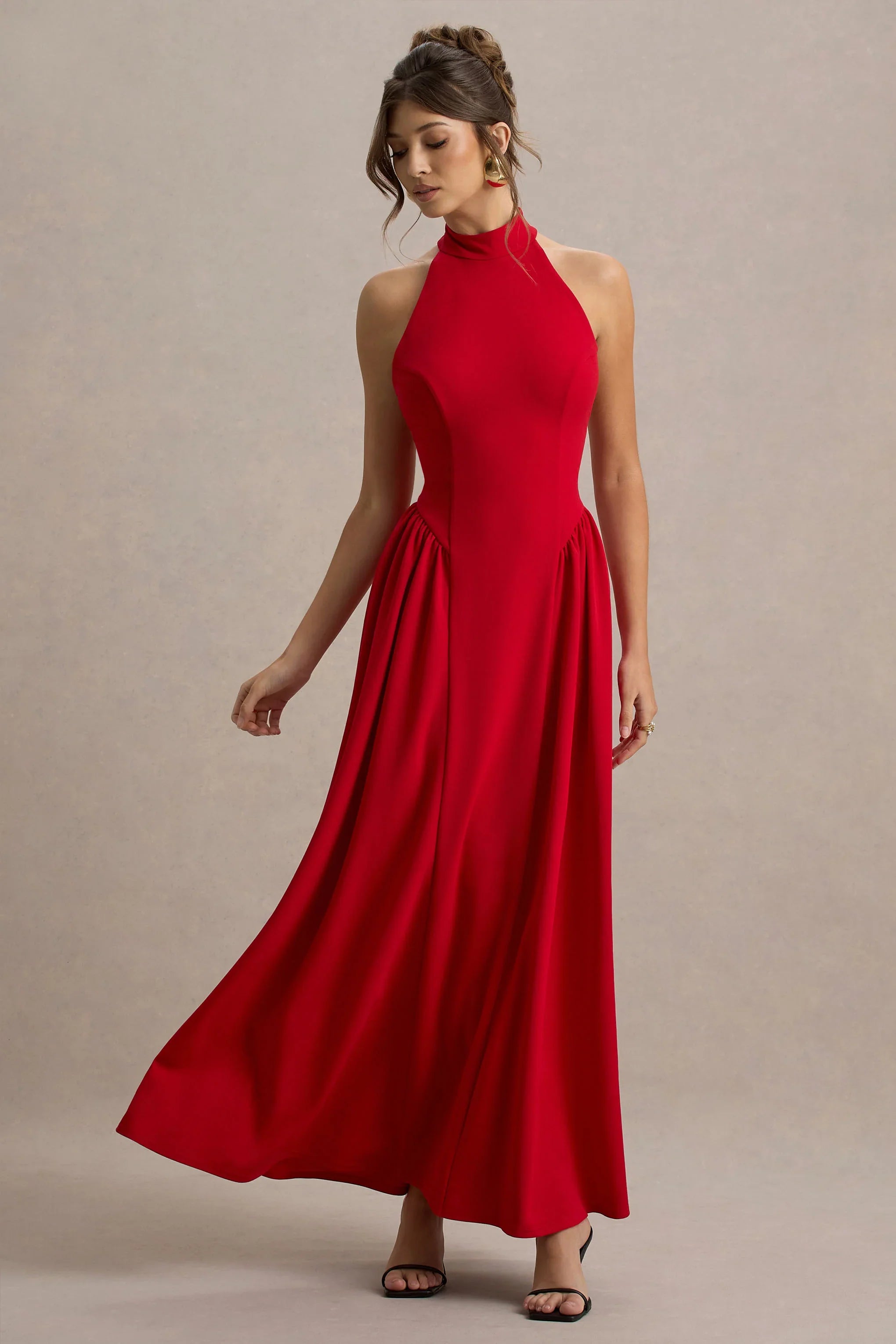 Cynthia Red High Neck Maxi Dress With Volume Skirt