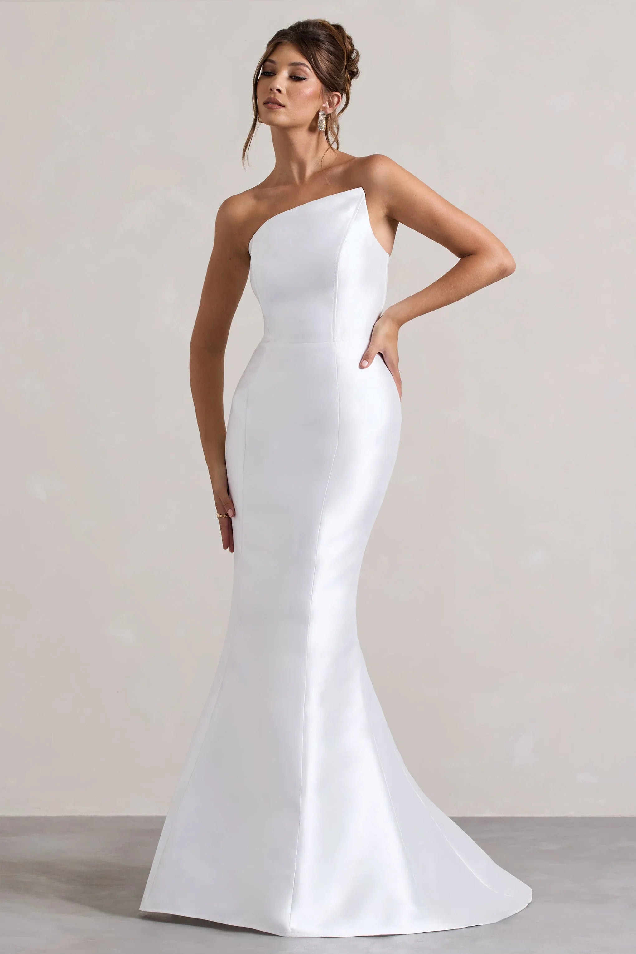 Define White Satin Asymmetric Fishtail Maxi Dress