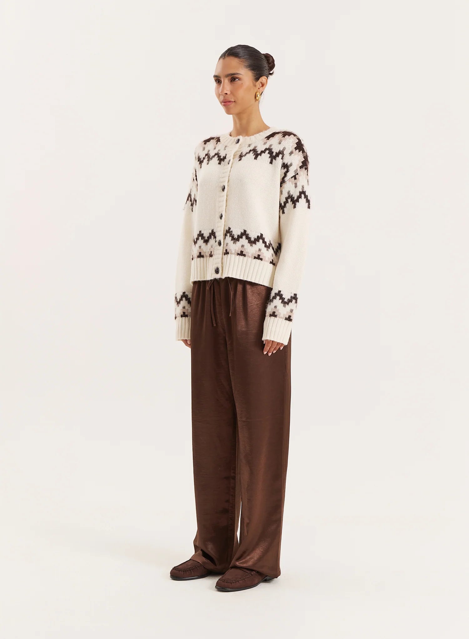 White Knitted Fairisle Button Front Cardigan