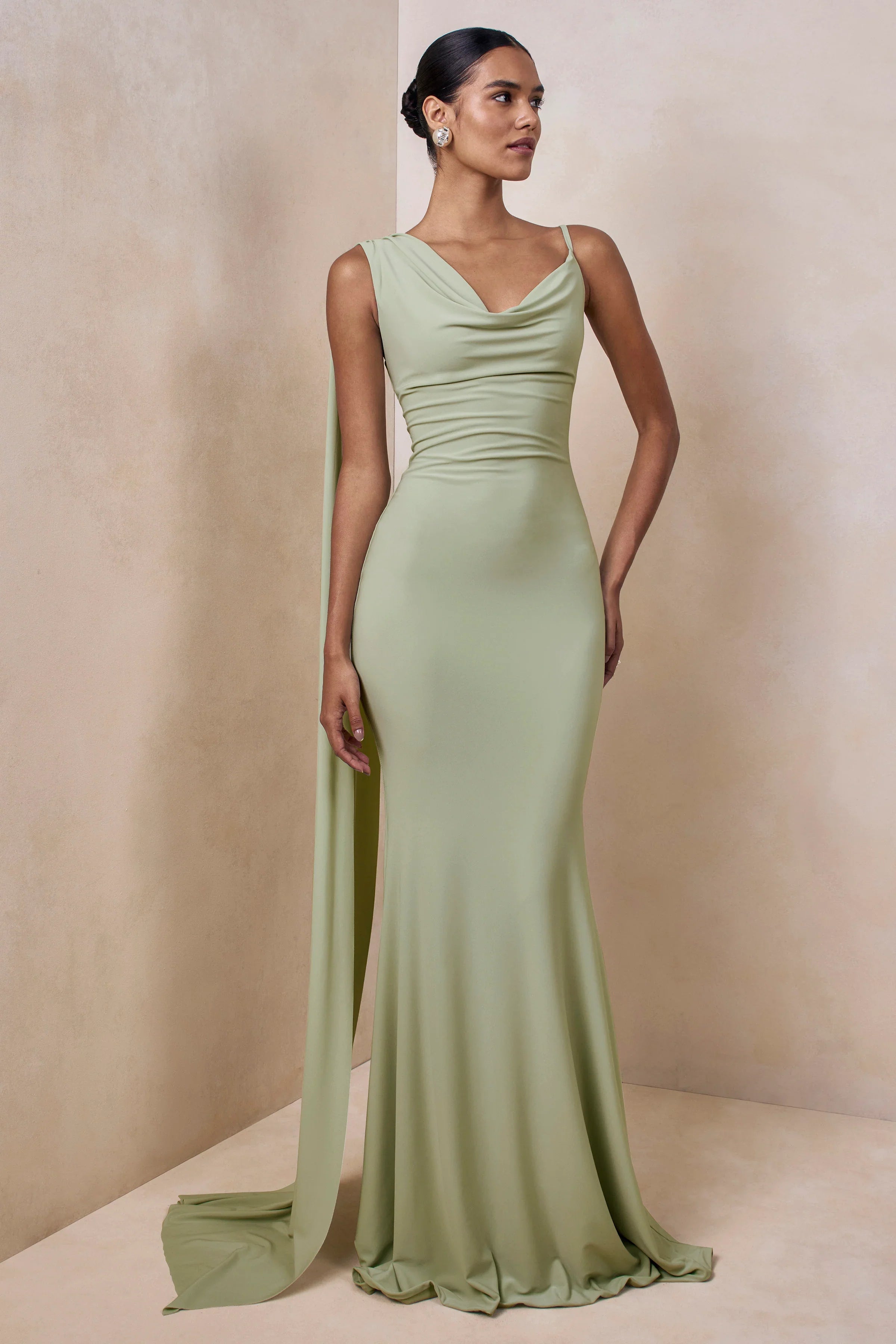 Kenza Mint Asymmetric Neck Maxi Dress With Scarf Detail