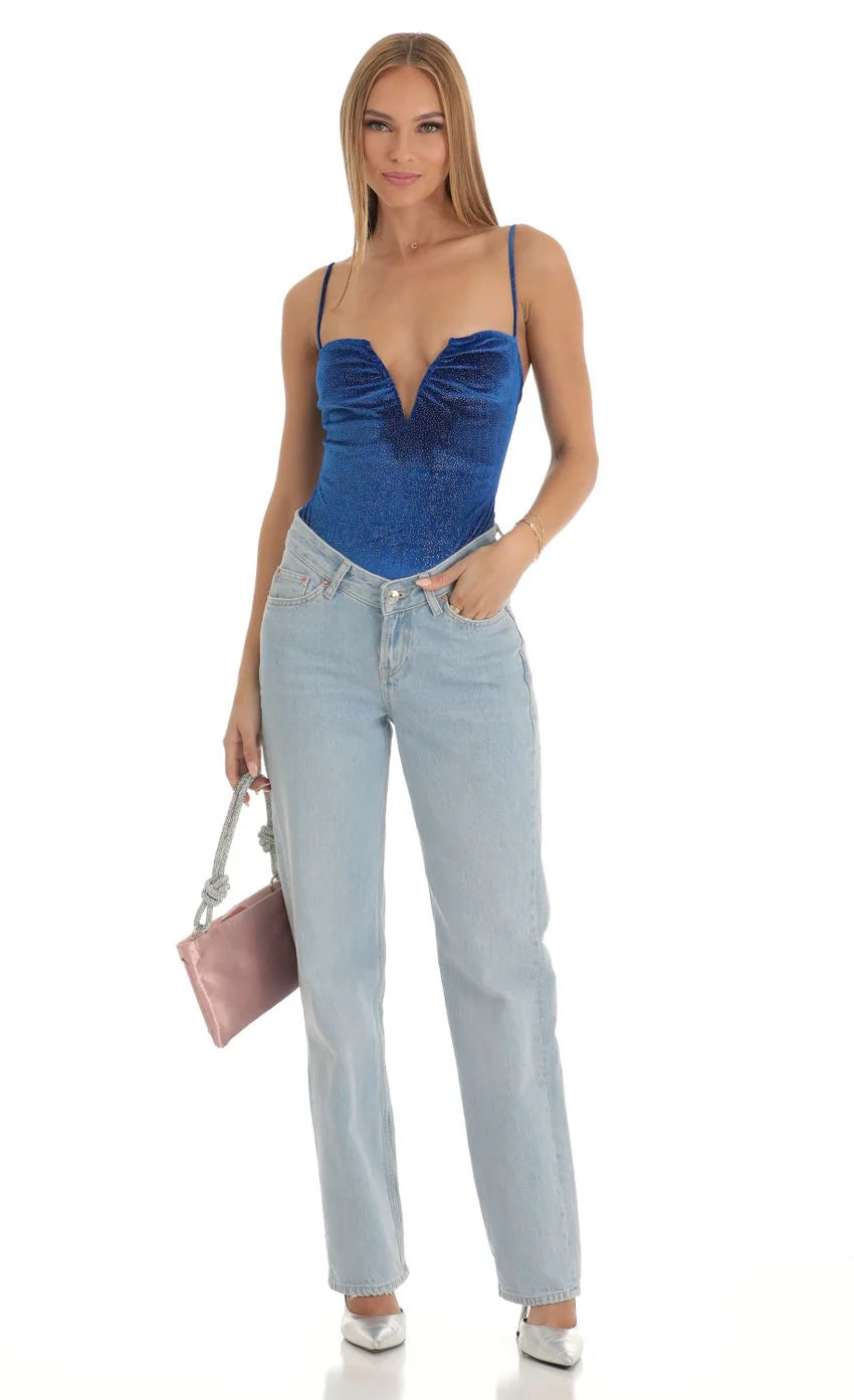 V Neck Velvet Bodysuit in Blue
