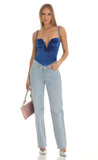 V Neck Velvet Bodysuit in Blue