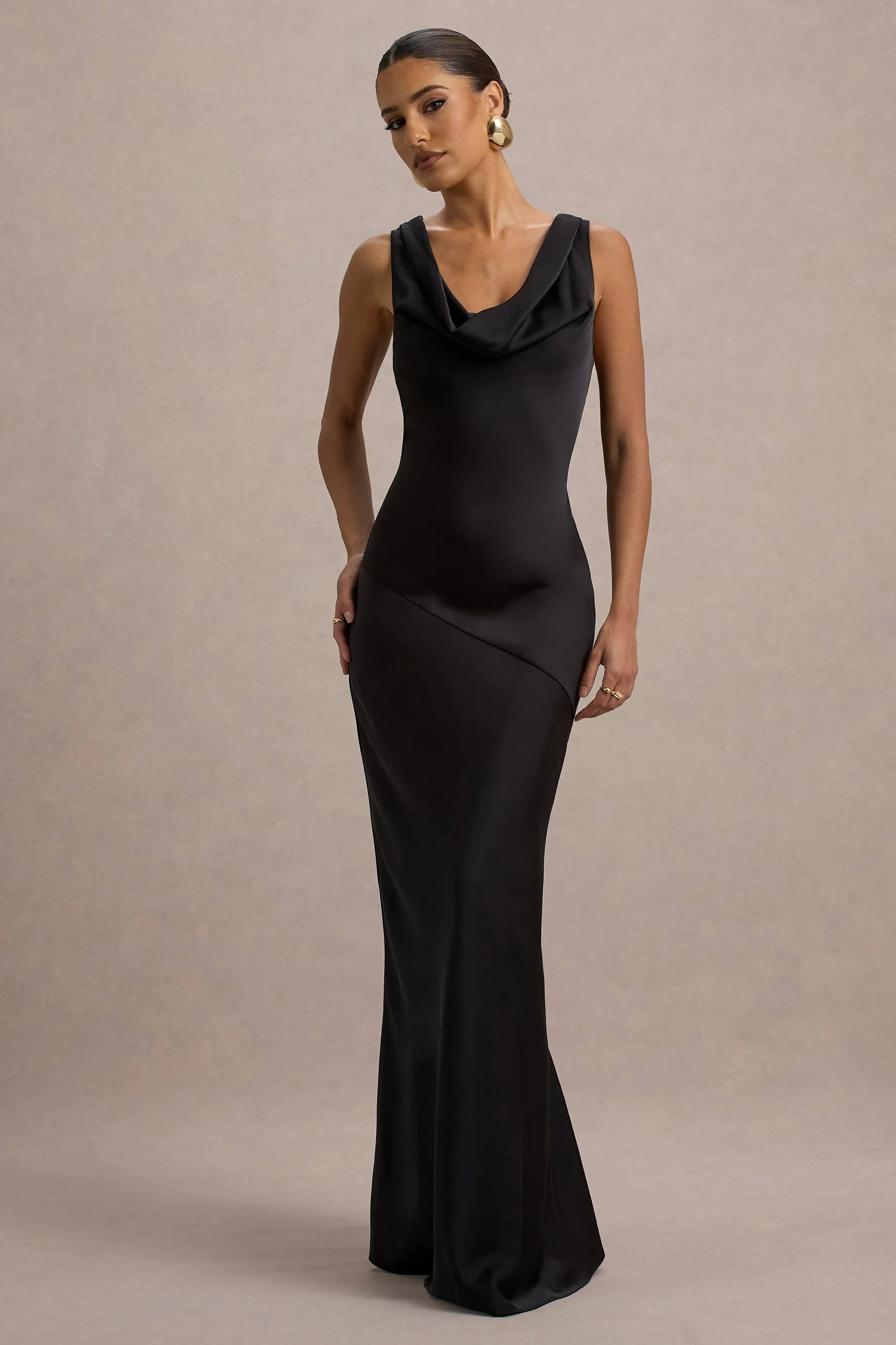 Alesso Black Satin Cowl Neck Slip Maxi Dress