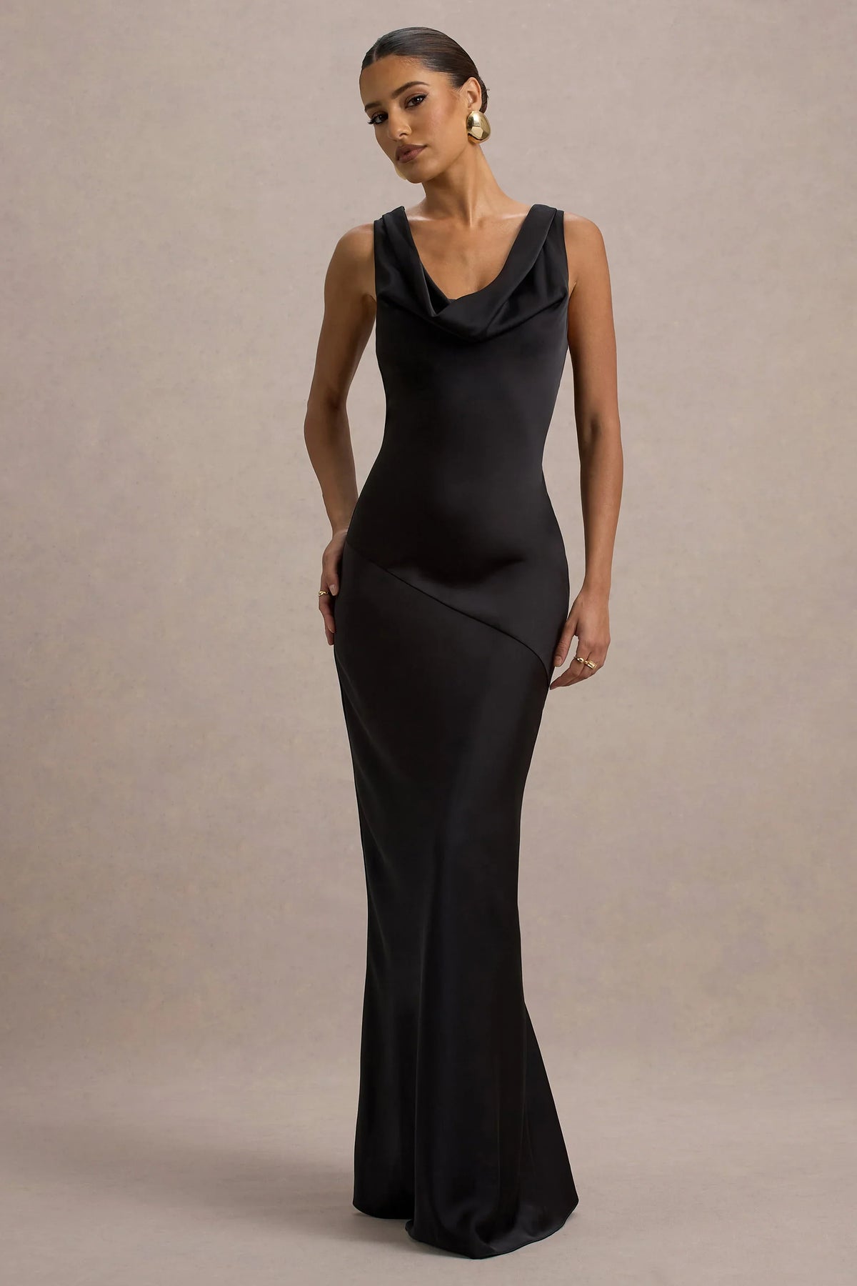 Alesso Black Satin Cowl Neck Slip Maxi Dress