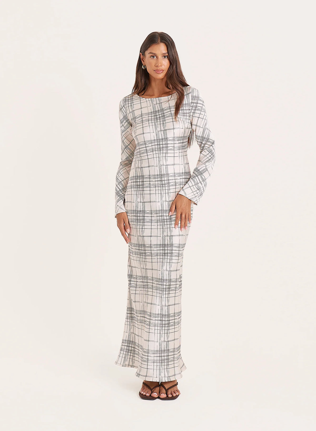White Check Scoop Back Maxi Dress