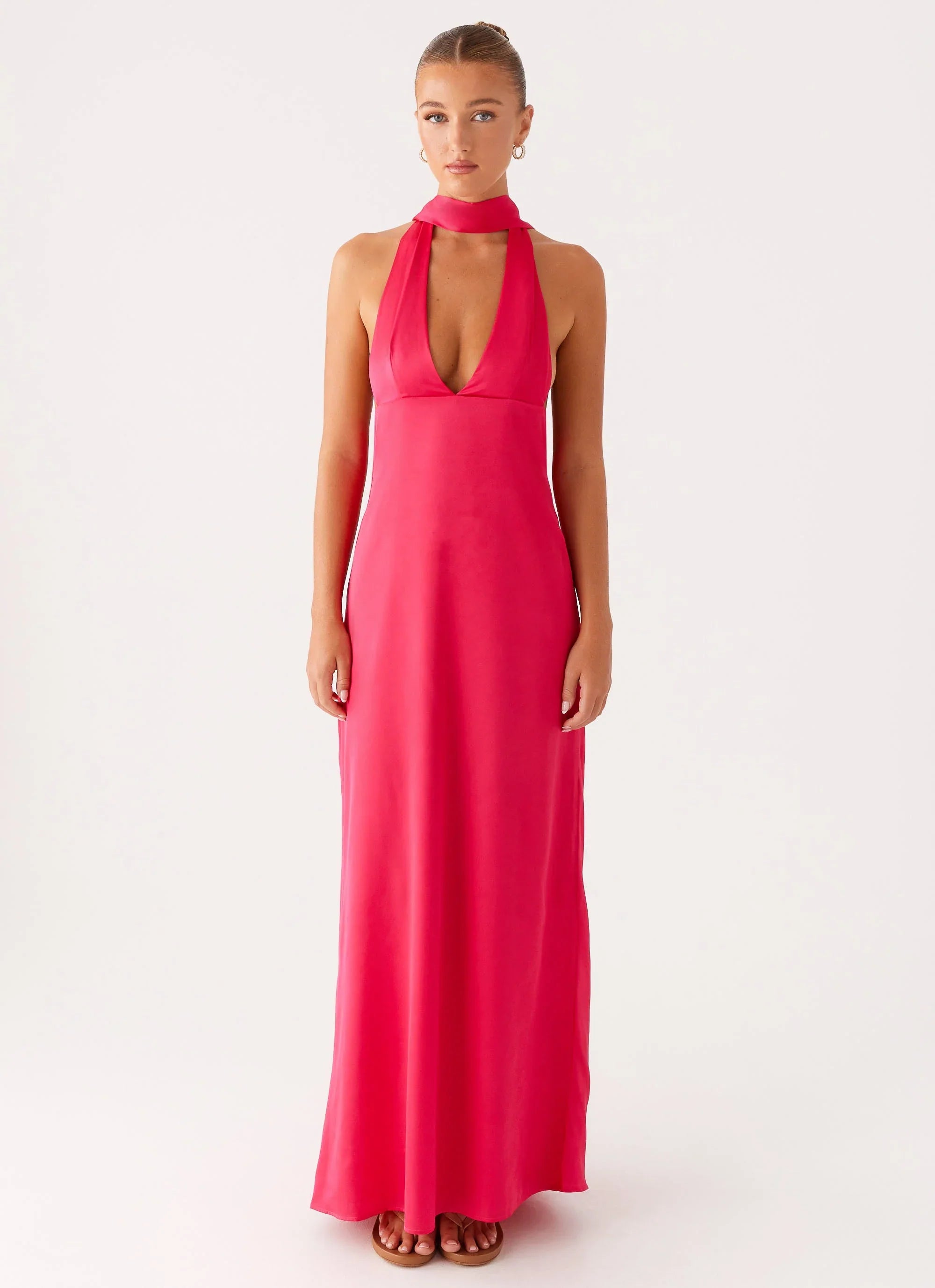 Alicia Satin Halter Maxi Dress Fuchsia