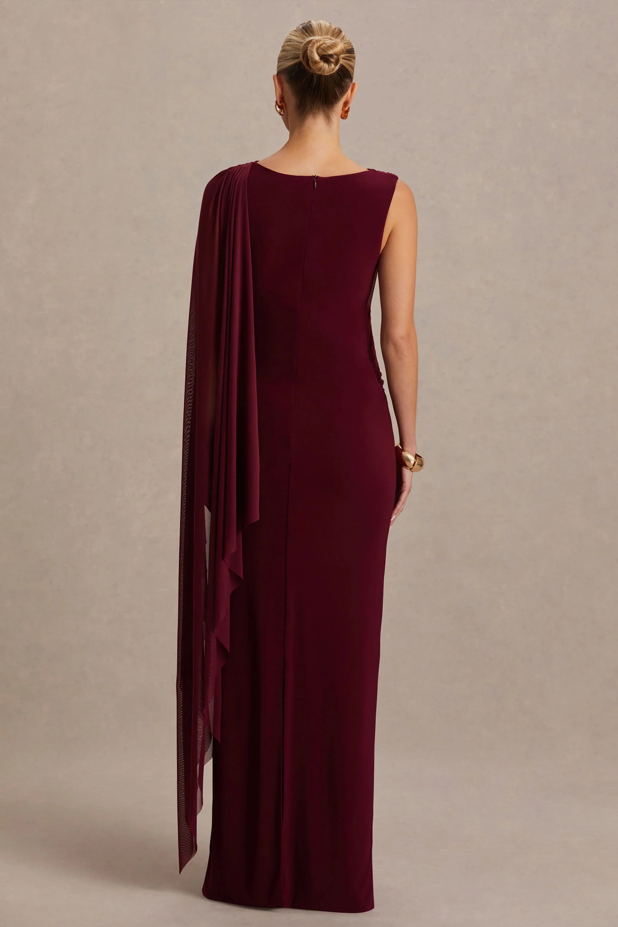 Cristina Burgundy Slashed Neck Maternity Maxi Dress With Cape Sleeve