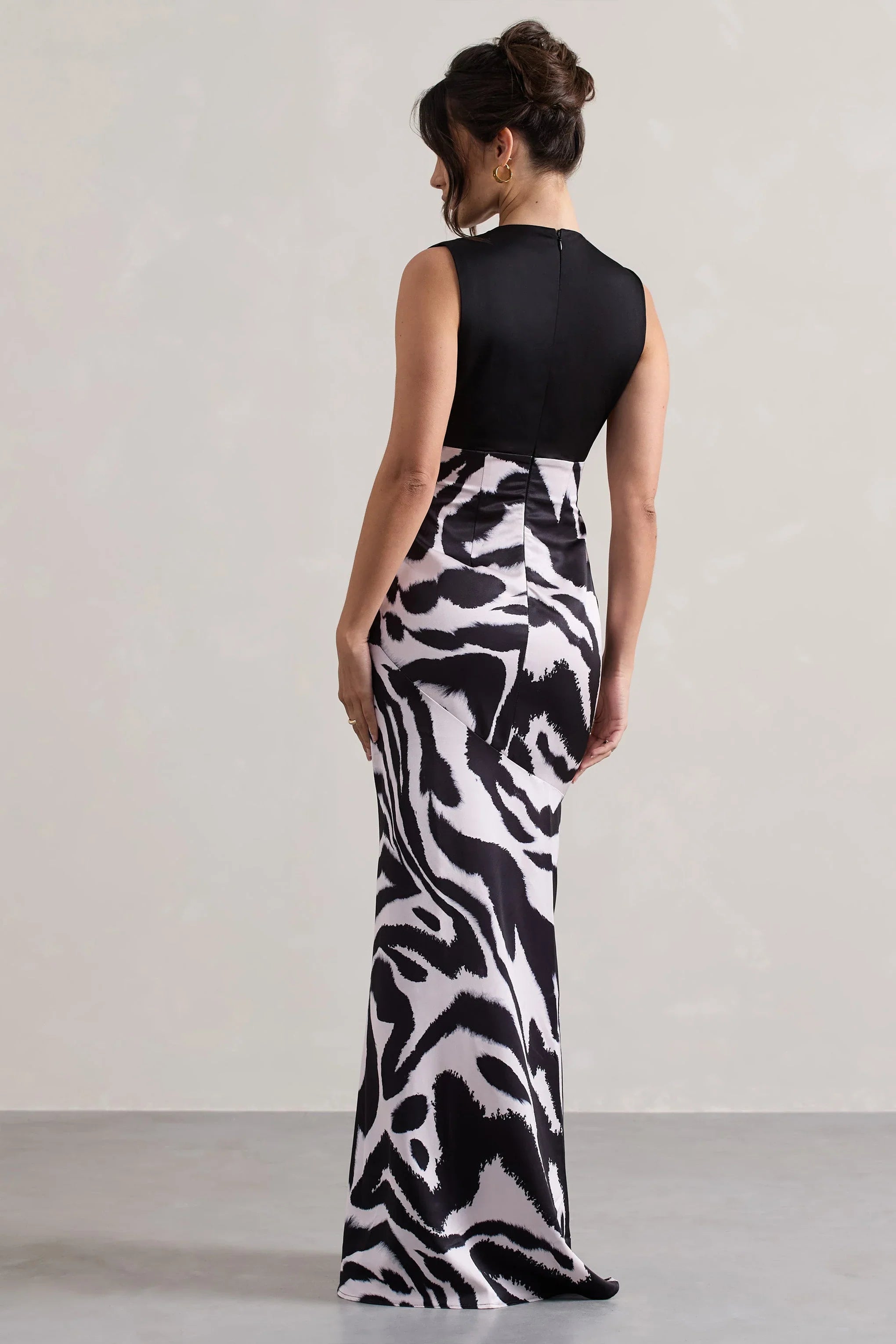 Azzara Zebra Print Satin Ruched V Neck Maxi Dress
