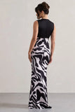 Azzara Zebra Print Satin Ruched V Neck Maxi Dress