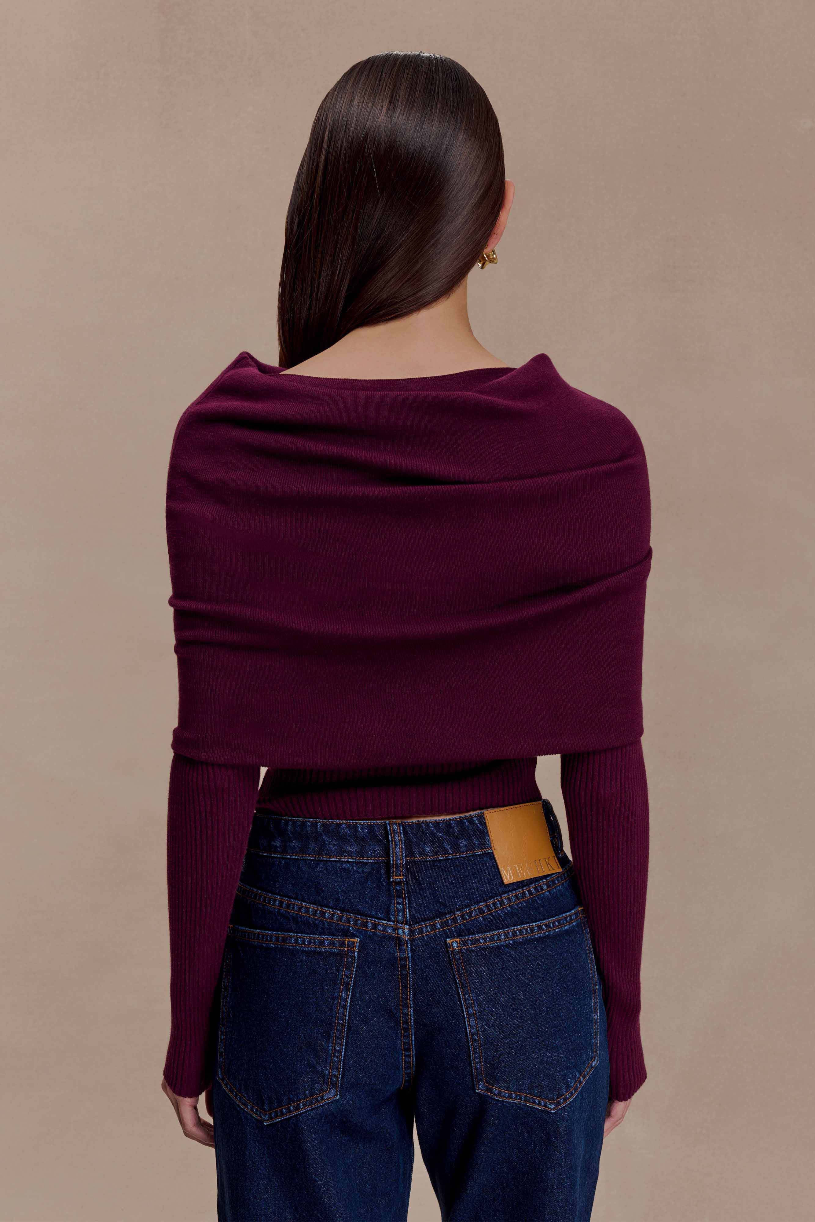Mazie Asymetrical Cashmere Blend Long Sleeve Knit Top Plum