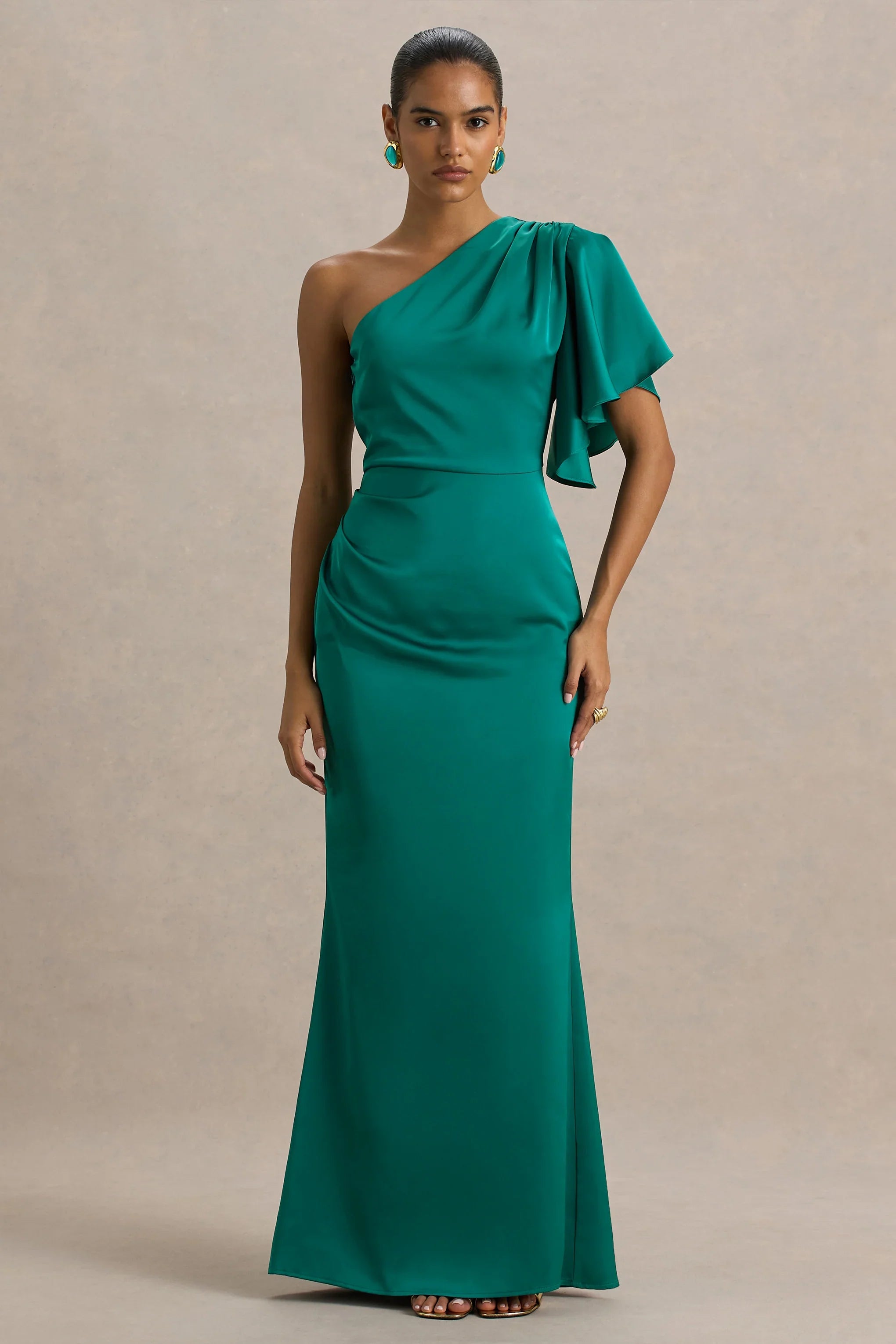 Unforgettable Bottle Green Asymmetric Neck Maxi Dress With Ruffled Detailing