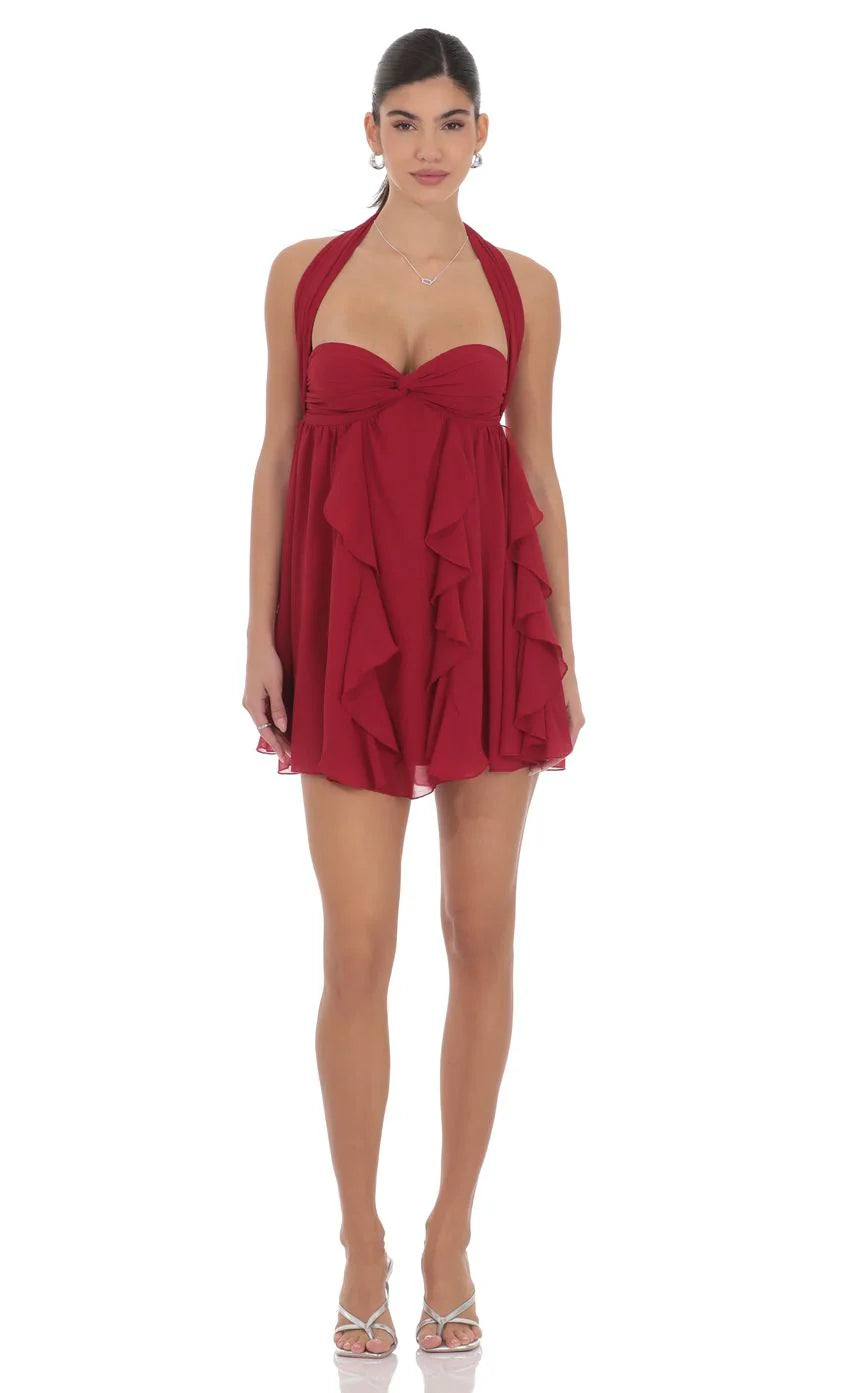 Halter Ruffle Babydoll Dress in Maroon