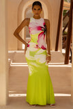 Marlo Lime Floral Print High Neck Maxi Dress