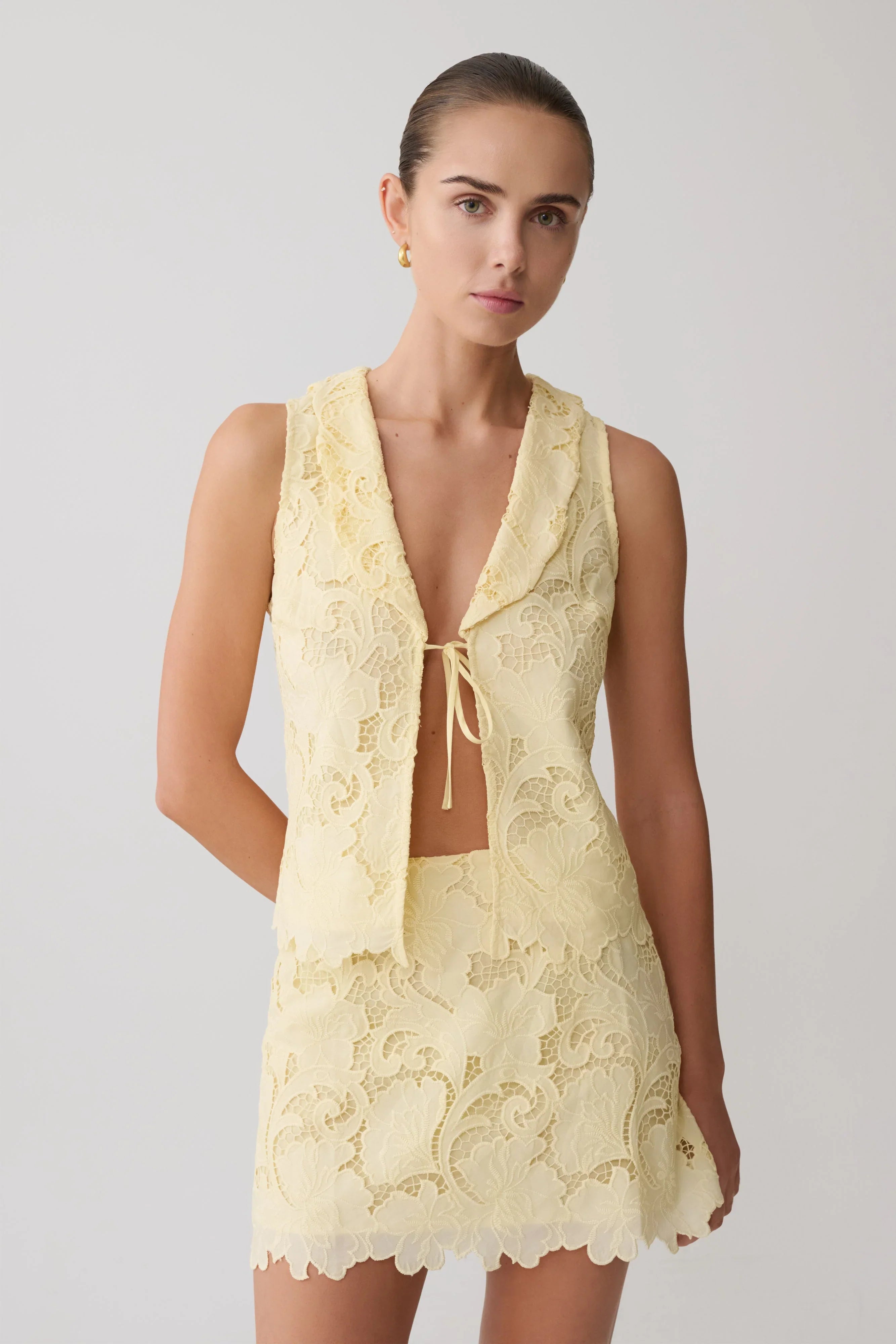 Tessa Broderie Tie Front Sleeveless Top Lemon