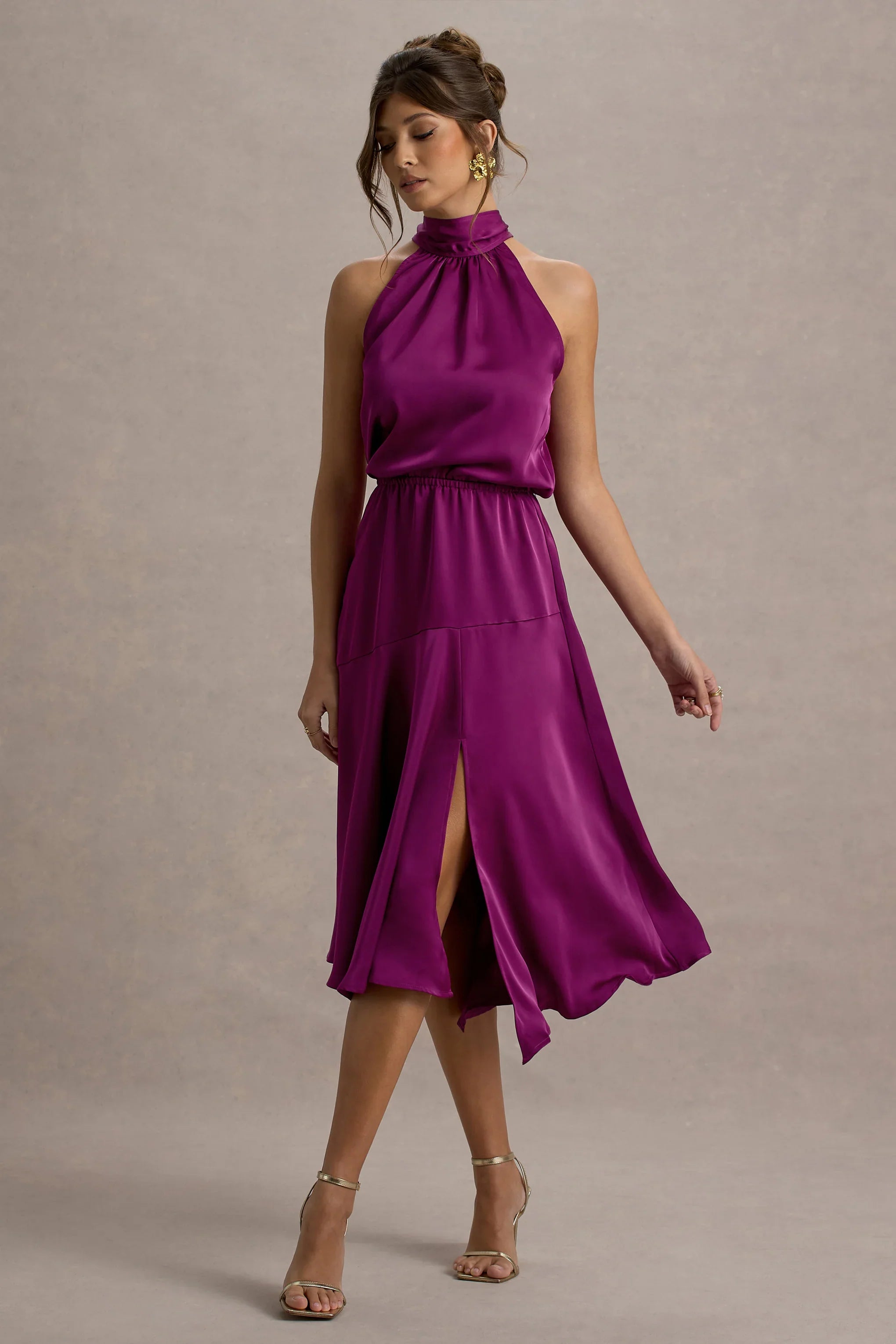 Palonia Dark Pink Satin High Neck Split Midi Dress